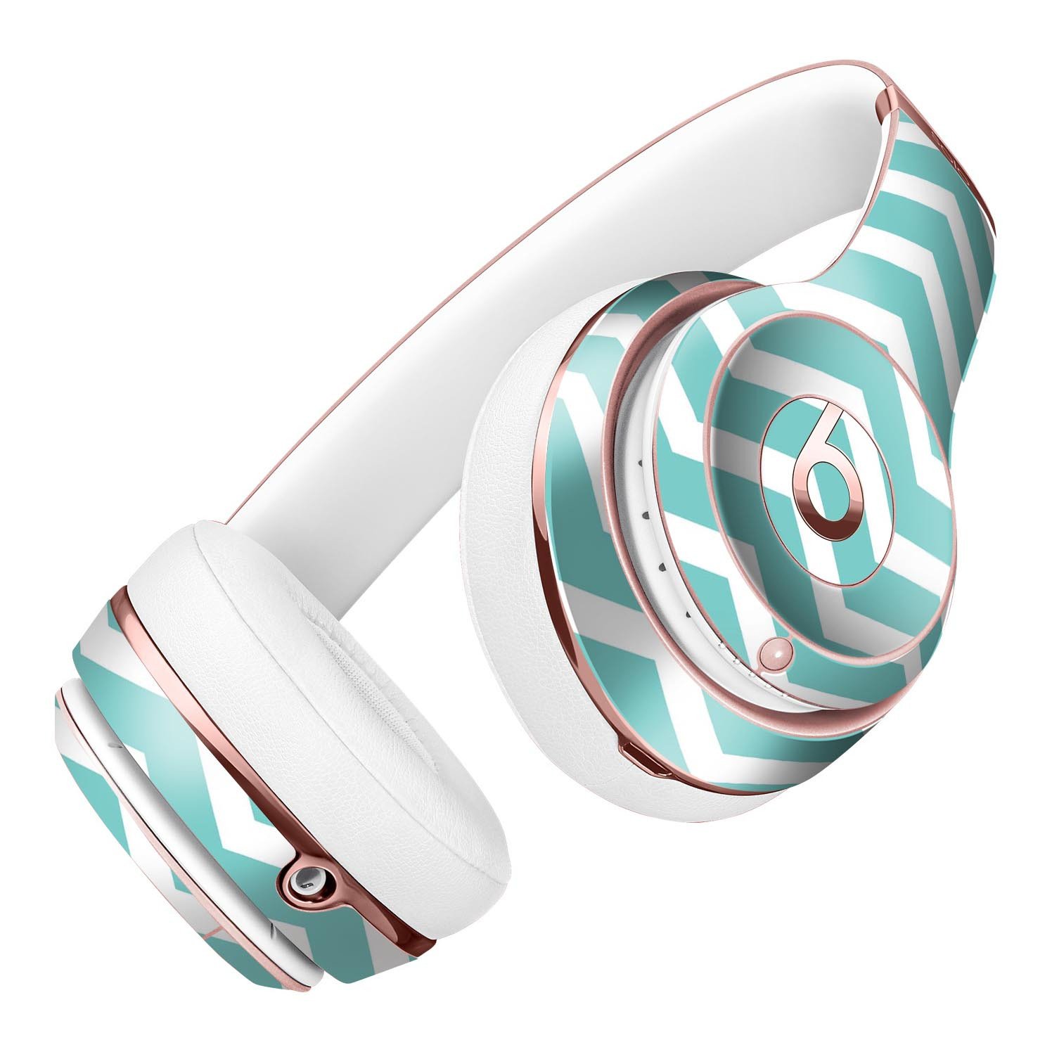 White and teal chevron stripes skin kit for Beats by Dre Solo 3 Wireless Headphones, showcasing vibrant colors and precise cut.