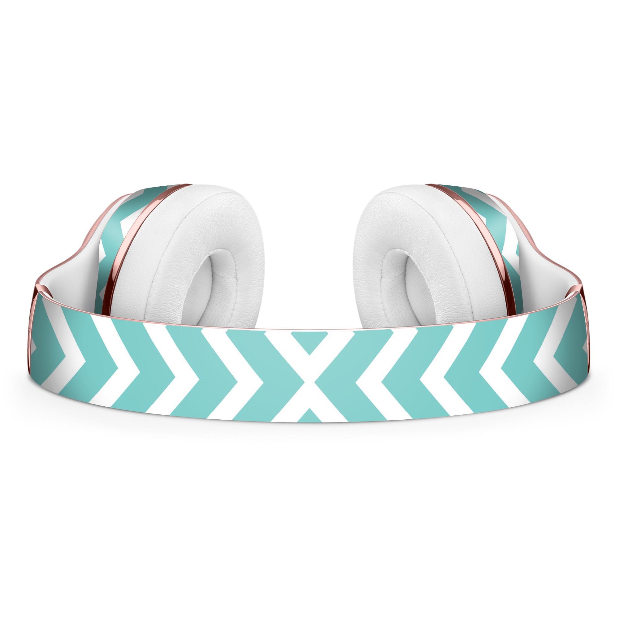 White and teal chevron stripes skin kit for Beats by Dre Solo 3 Wireless Headphones, showcasing vibrant colors and precise cut.