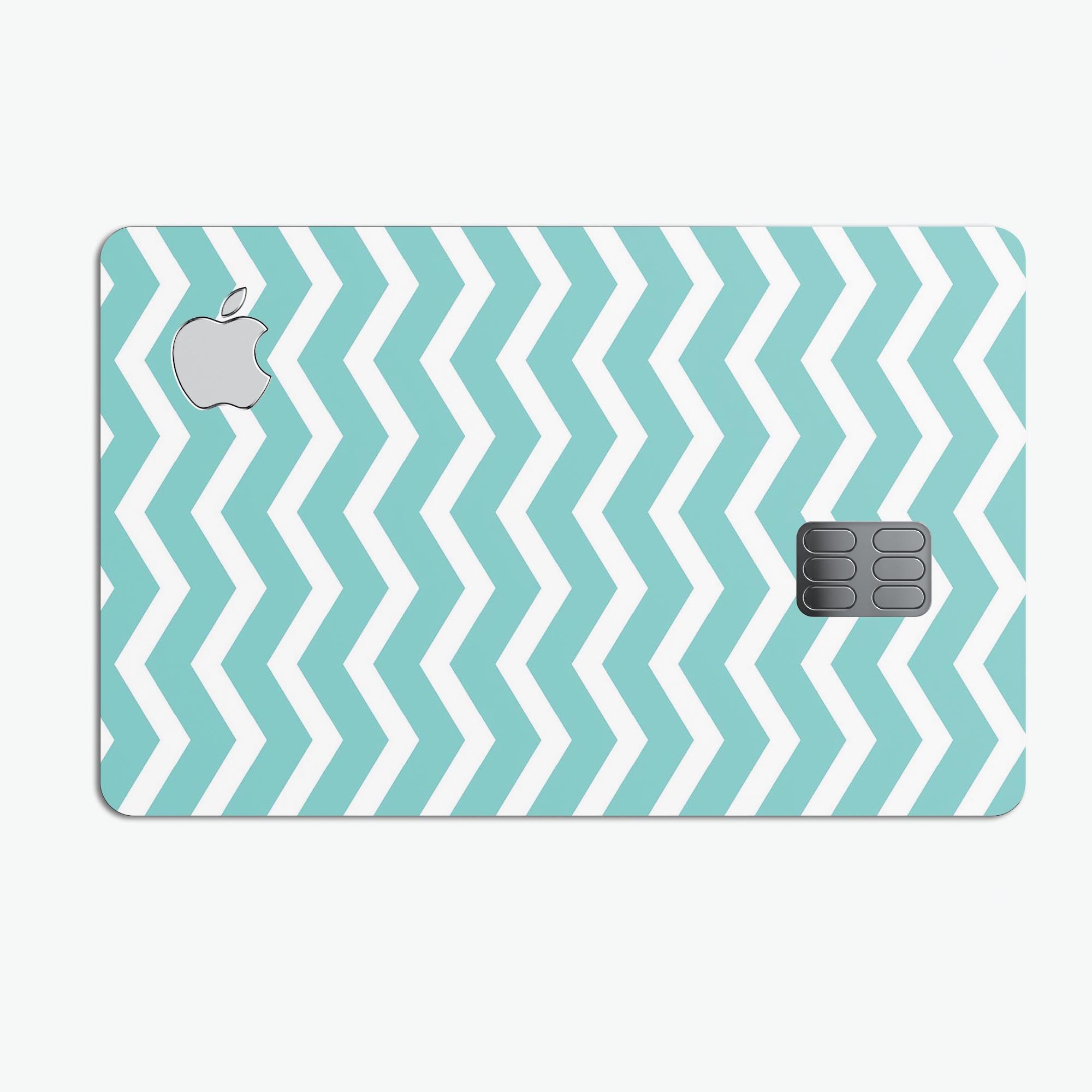 White and teal chevron stripes decal skin for Apple Card, showcasing a stylish design that offers protection.