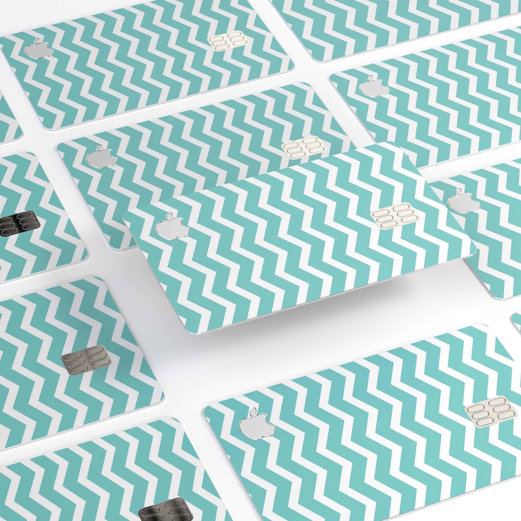 White and teal chevron stripes decal skin for Apple Card, showcasing a stylish design that offers protection.