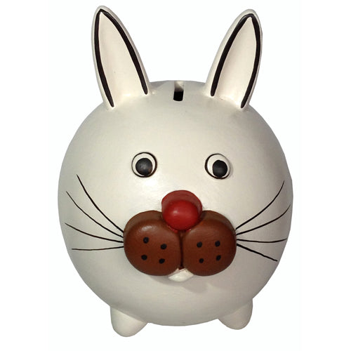 Handmade white ceramic bunny rabbit bank, featuring a round shape and removable rubber stopper, crafted by artisans in Peru.