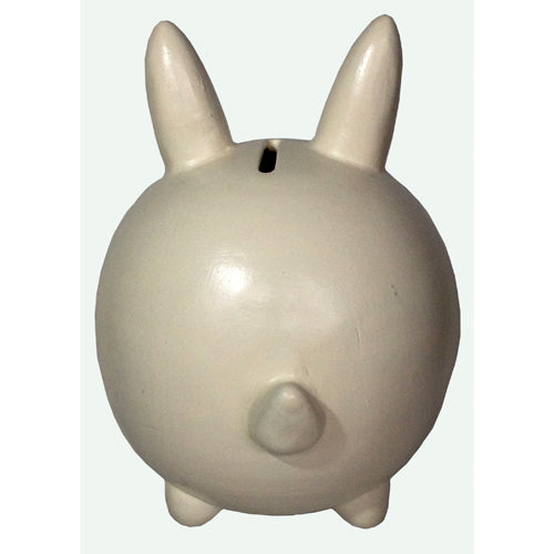 Handmade white ceramic bunny rabbit bank, featuring a round shape and removable rubber stopper, crafted by artisans in Peru.