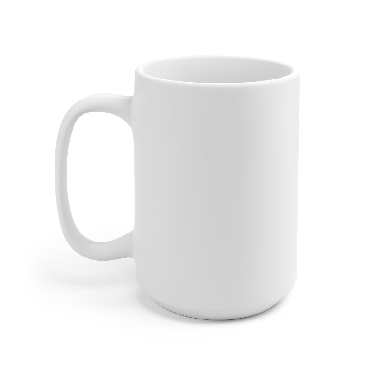 A stylish white ceramic mug with a 15oz capacity, featuring a rounded design and a comfortable C-handle, perfect for customization.