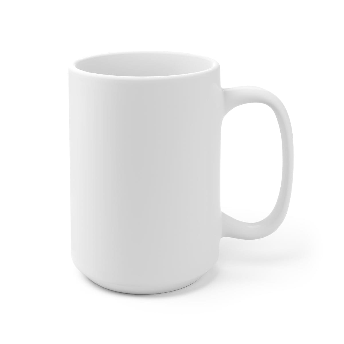 A stylish white ceramic mug with a 15oz capacity, featuring a rounded design and a comfortable C-handle, perfect for customization.