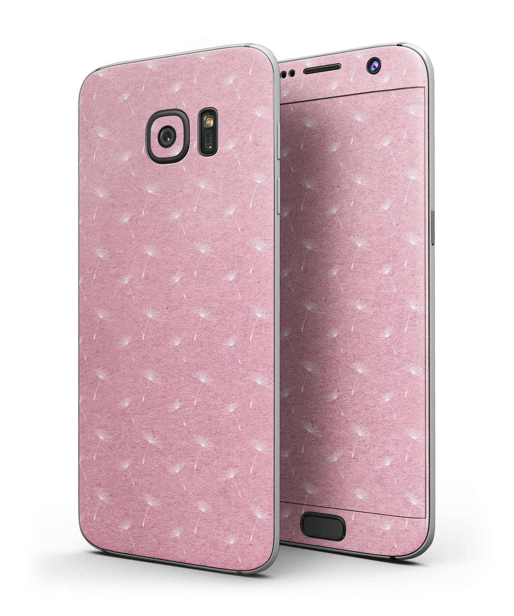 Full body skin kit for Samsung Galaxy S7/S7 Edge featuring white dandelions over a pink background, showcasing vibrant colors and stylish design.