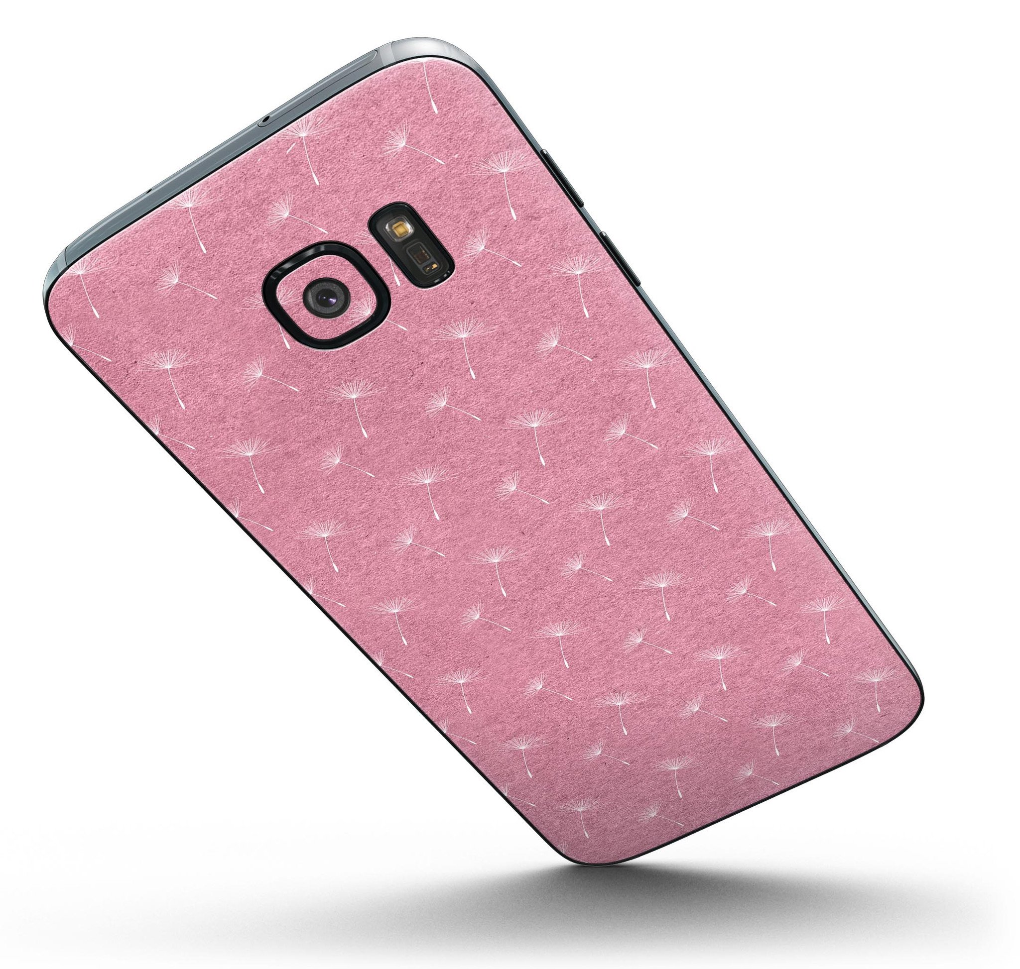 Full body skin kit for Samsung Galaxy S7/S7 Edge featuring white dandelions over a pink background, showcasing vibrant colors and stylish design.