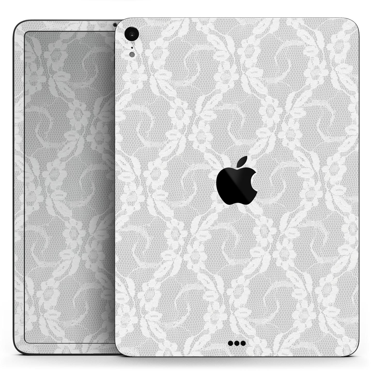 White Floral Lace Full Body Skin Decal for Apple iPad Pro 12.9, showcasing intricate floral patterns on a sleek surface.