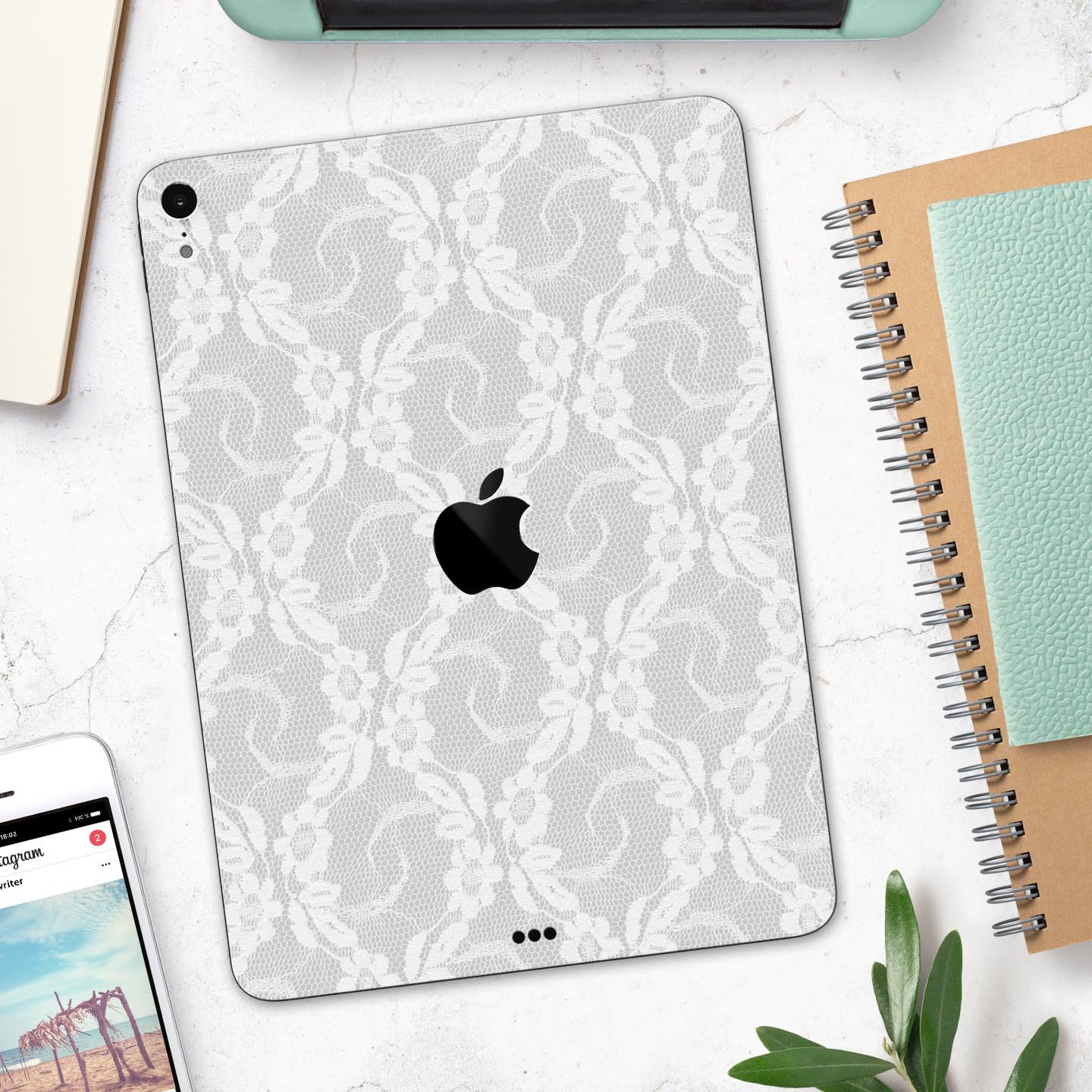 White Floral Lace Full Body Skin Decal for Apple iPad Pro 12.9, showcasing intricate floral patterns on a sleek surface.