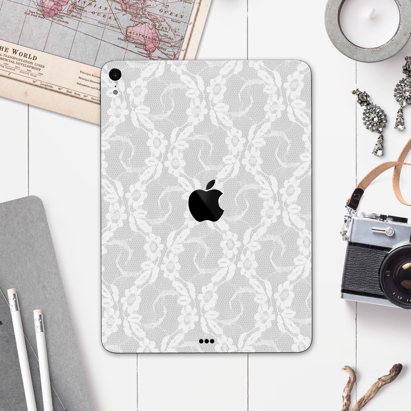 White Floral Lace Full Body Skin Decal for Apple iPad Pro 12.9, showcasing intricate floral patterns on a sleek surface.