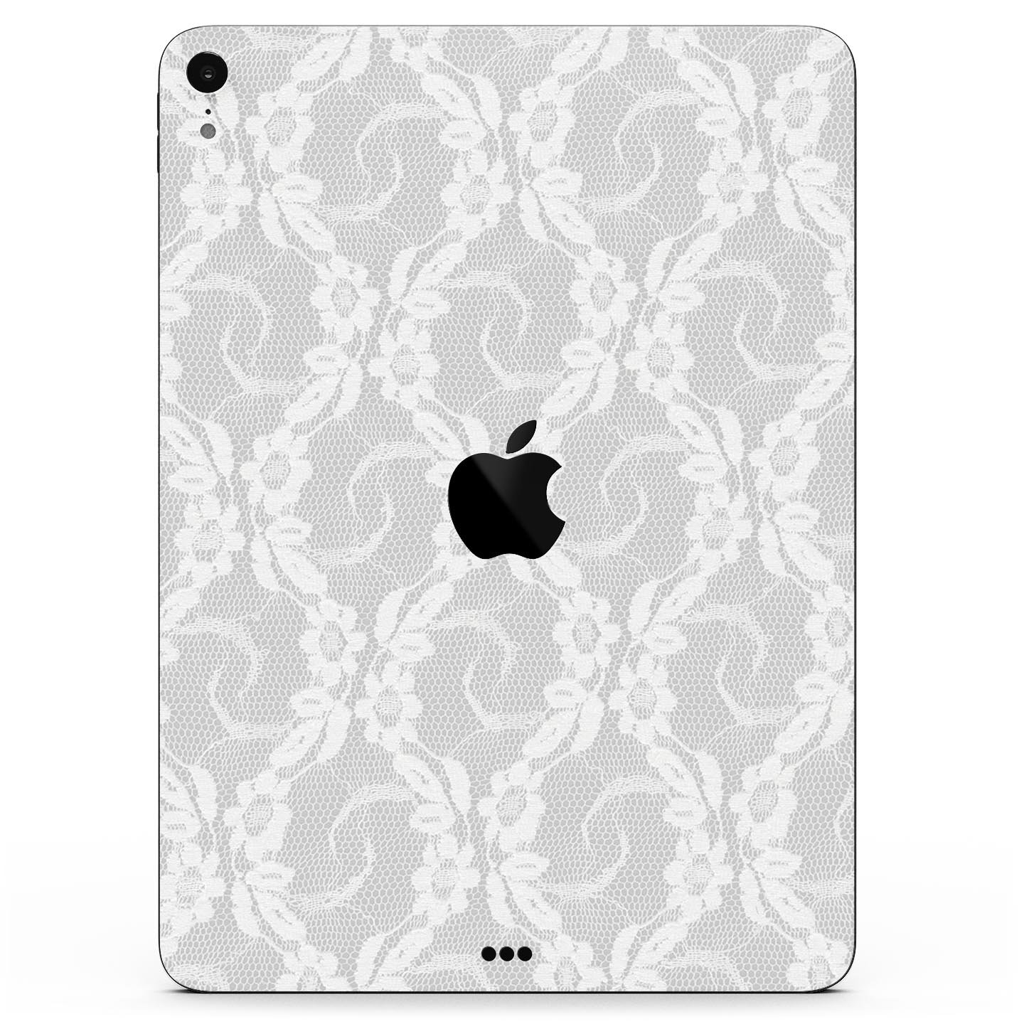 White Floral Lace Full Body Skin Decal for Apple iPad Pro 12.9, showcasing intricate floral patterns on a sleek surface.