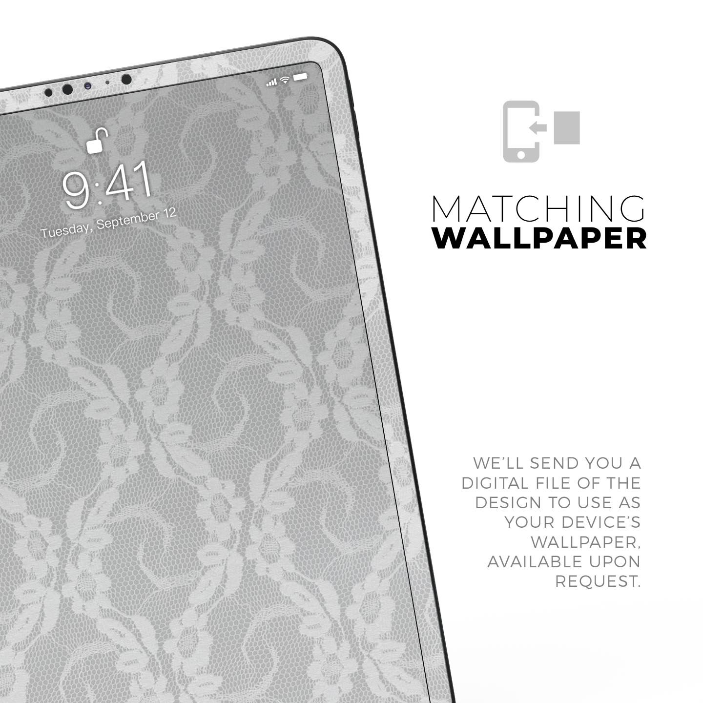 White Floral Lace Full Body Skin Decal for Apple iPad Pro 12.9, showcasing intricate floral patterns on a sleek surface.