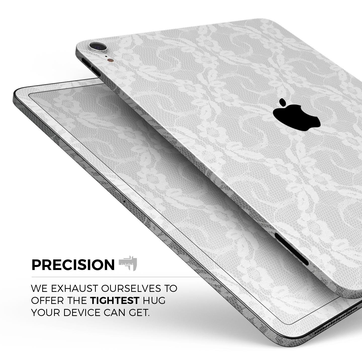 White Floral Lace Full Body Skin Decal for Apple iPad Pro 12.9, showcasing intricate floral patterns on a sleek surface.