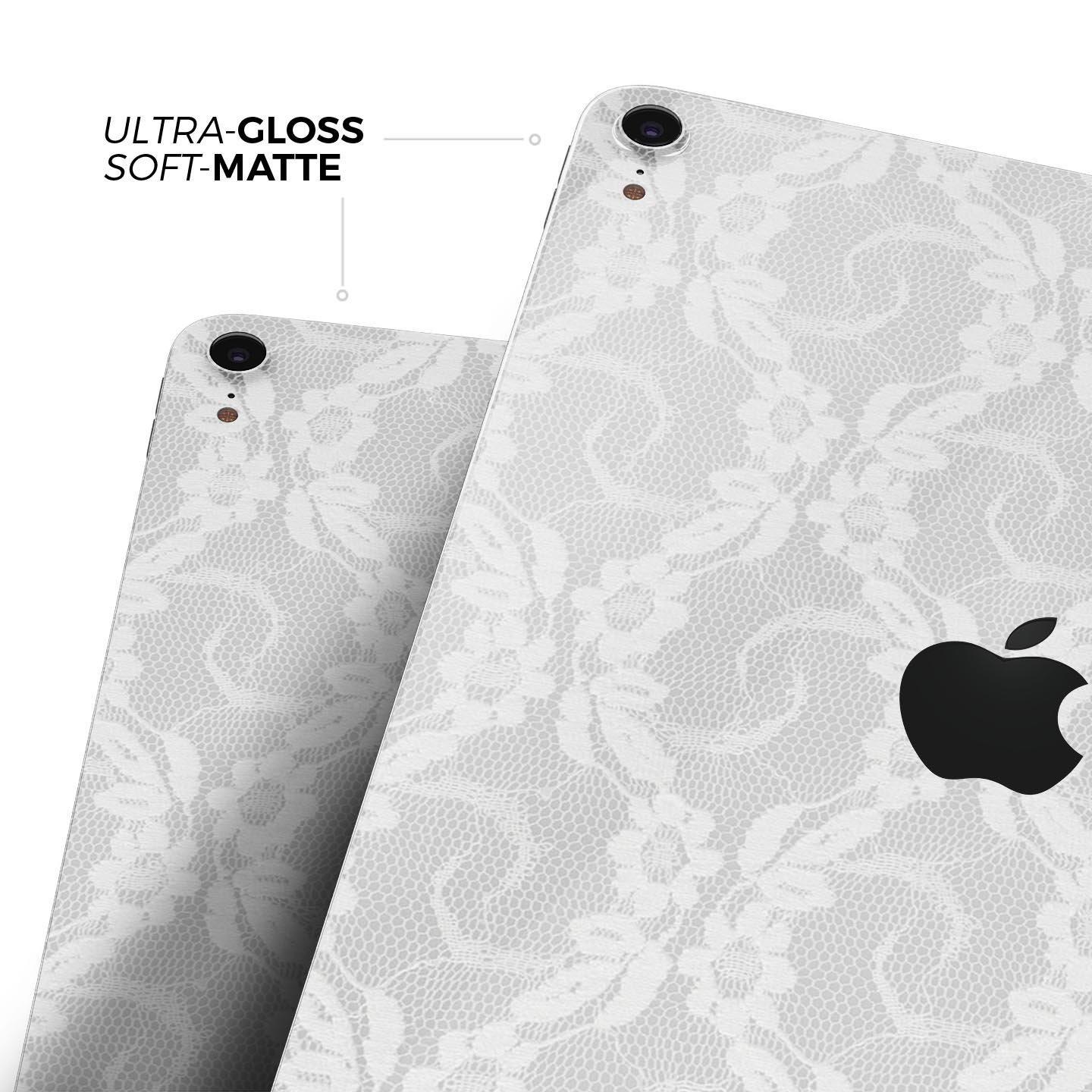 White Floral Lace Full Body Skin Decal for Apple iPad Pro 12.9, showcasing intricate floral patterns on a sleek surface.