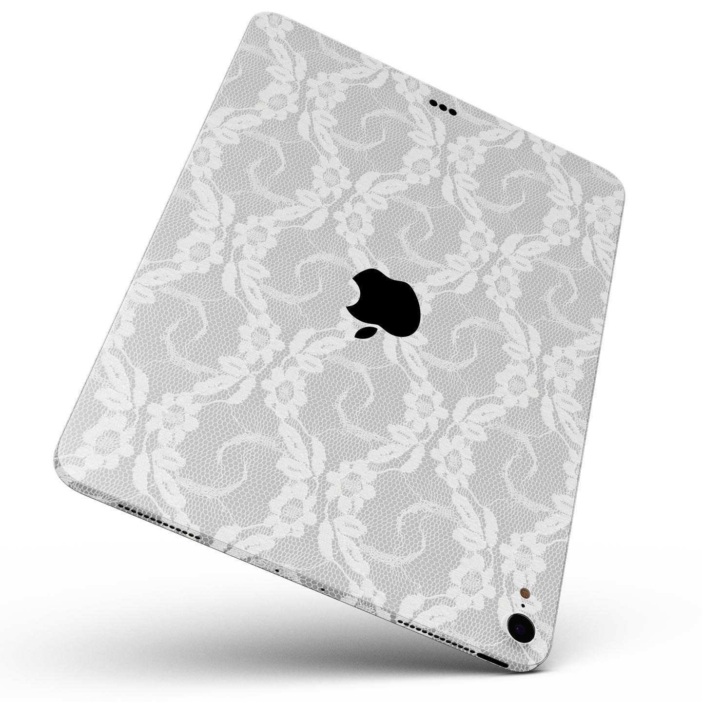 White Floral Lace Full Body Skin Decal for Apple iPad Pro 12.9, showcasing intricate floral patterns on a sleek surface.