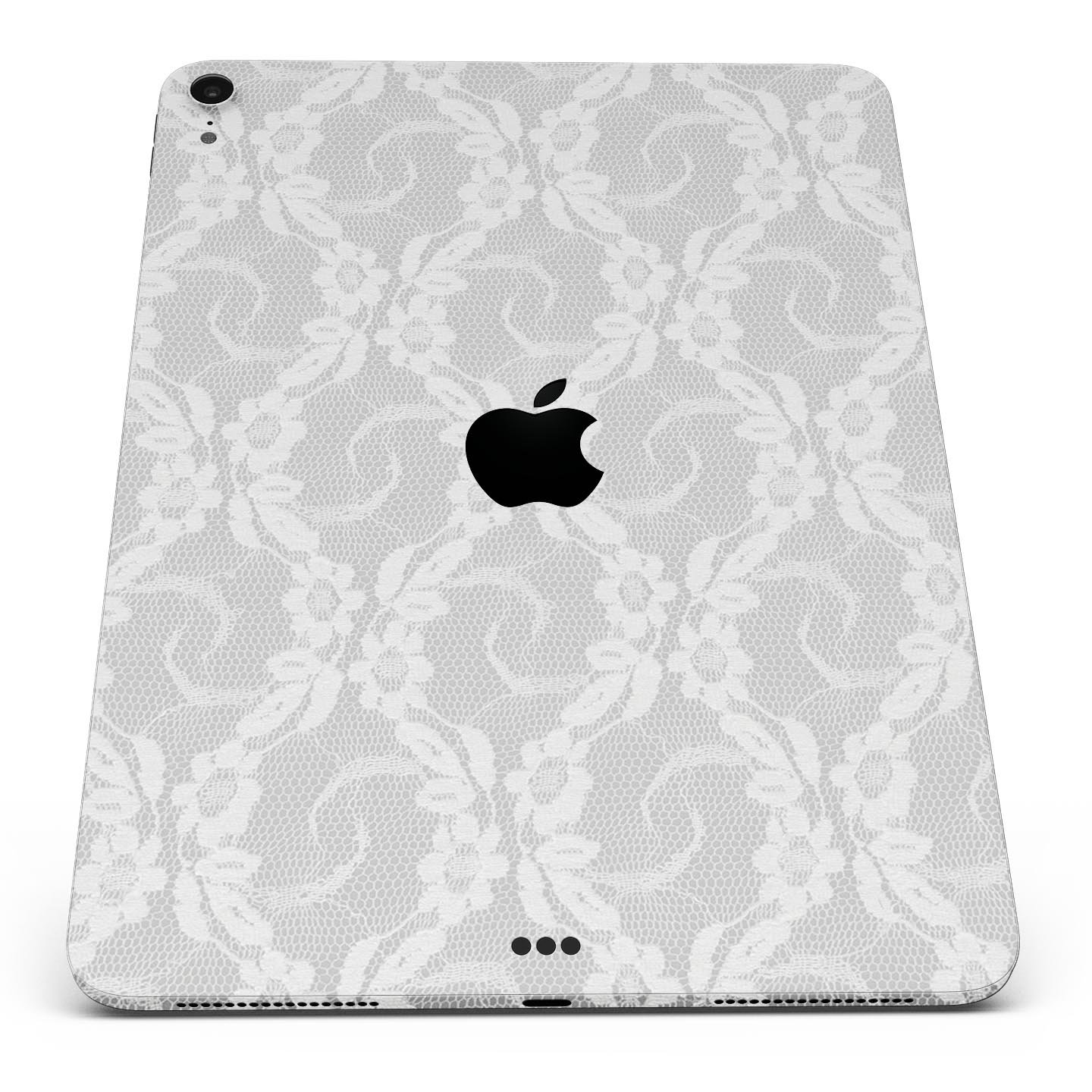 White Floral Lace Full Body Skin Decal for Apple iPad Pro 12.9, showcasing intricate floral patterns on a sleek surface.