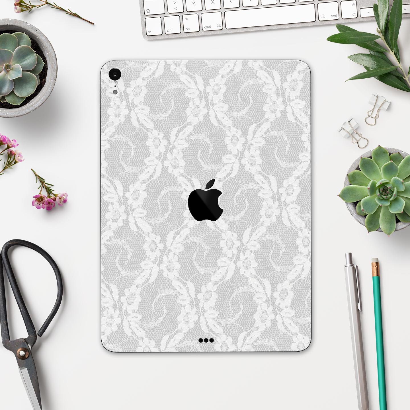 White Floral Lace Full Body Skin Decal for Apple iPad Pro 12.9, showcasing intricate floral patterns on a sleek surface.