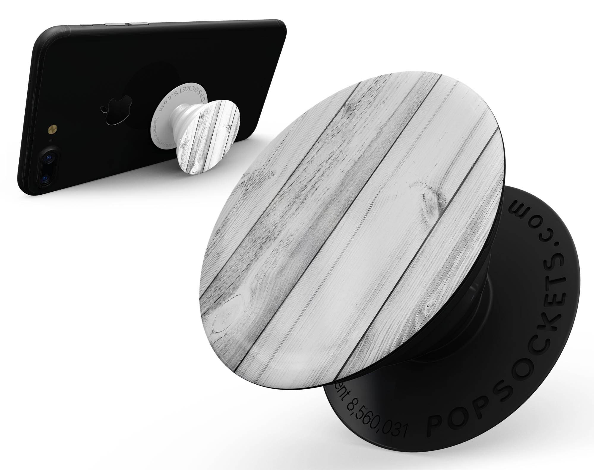 White and gray wood planks skin kit for PopSockets, showcasing a stylish design for smartphone grips.