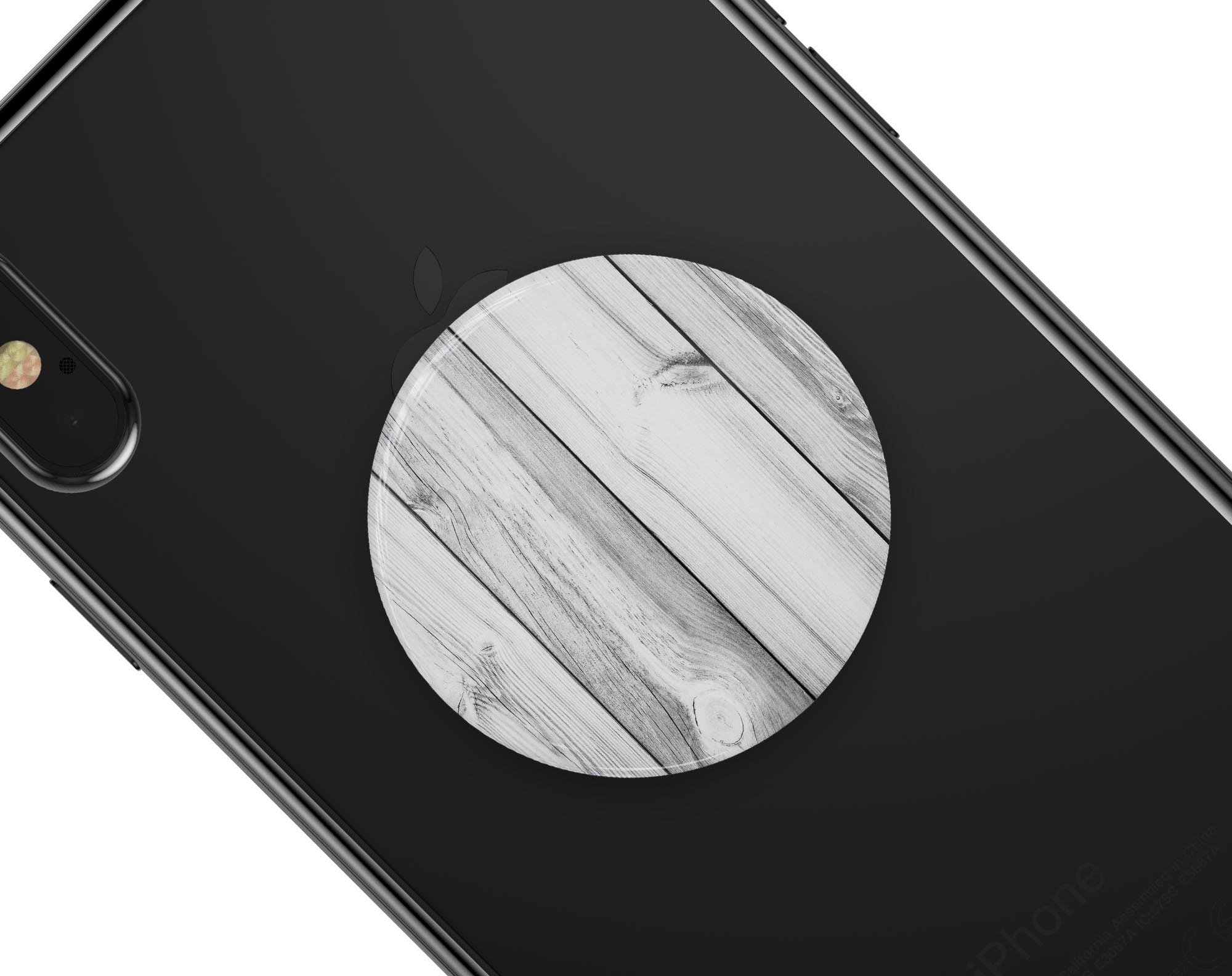 White and gray wood planks skin kit for PopSockets, showcasing a stylish design for smartphone grips.