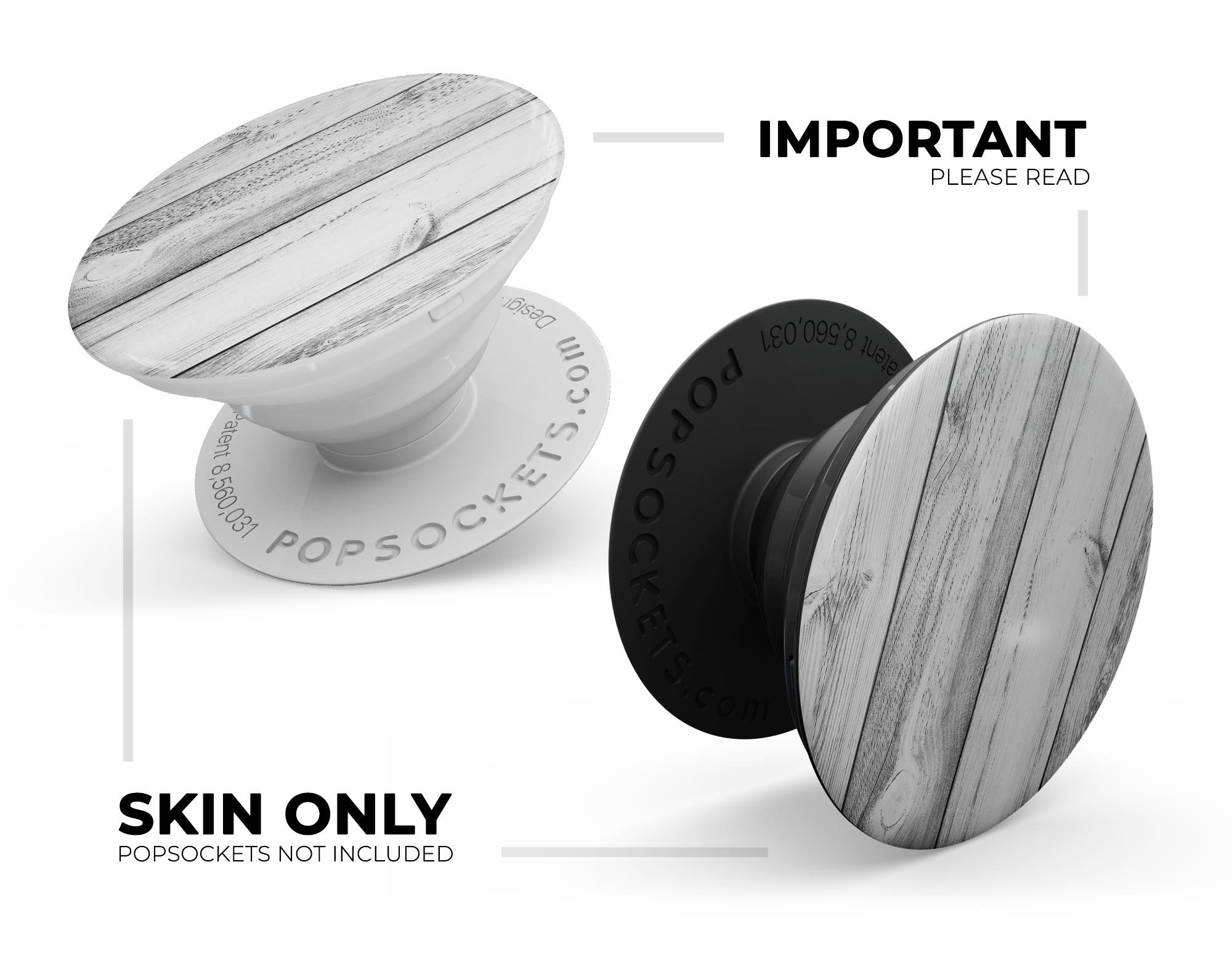 White and gray wood planks skin kit for PopSockets, showcasing a stylish design for smartphone grips.