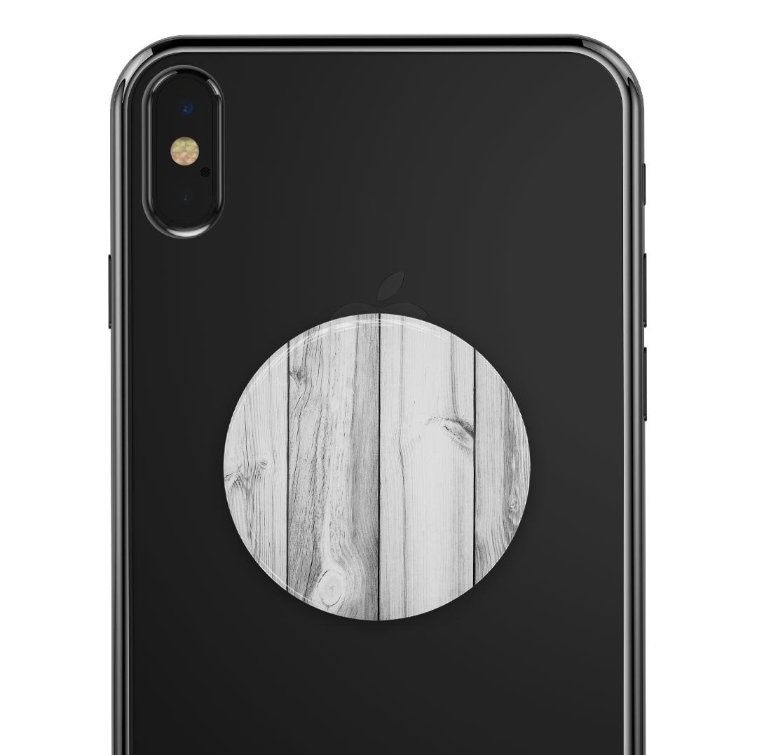 White and gray wood planks skin kit for PopSockets, showcasing a stylish design for smartphone grips.