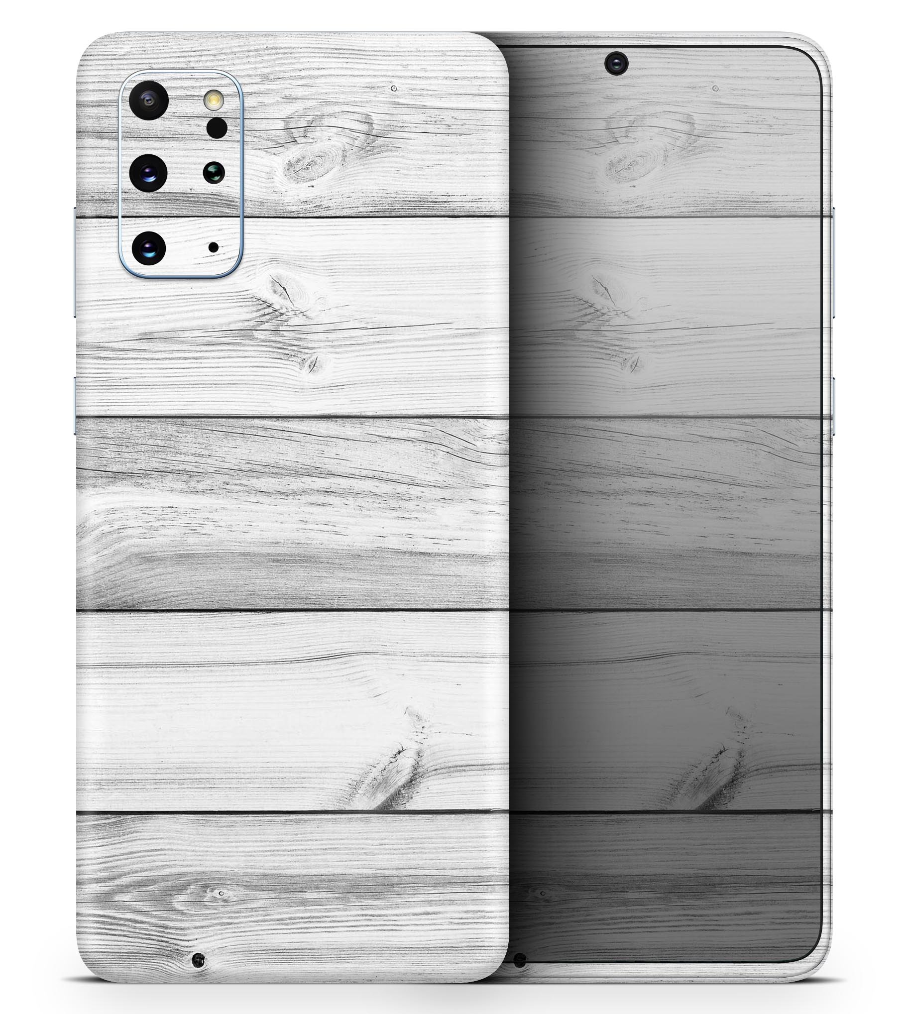 White and gray wood planks skin for Samsung Galaxy S-Series, showcasing a stylish design that enhances device appearance.