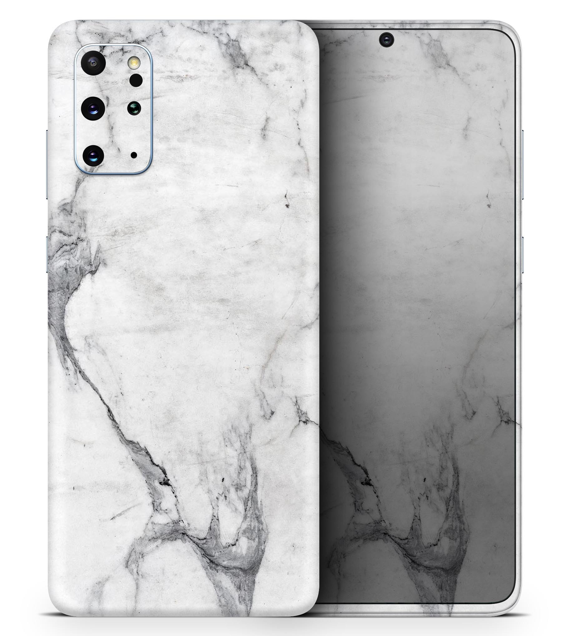 White and grey marble skin for Samsung Galaxy S20, showcasing a stylish design that enhances the device's appearance.