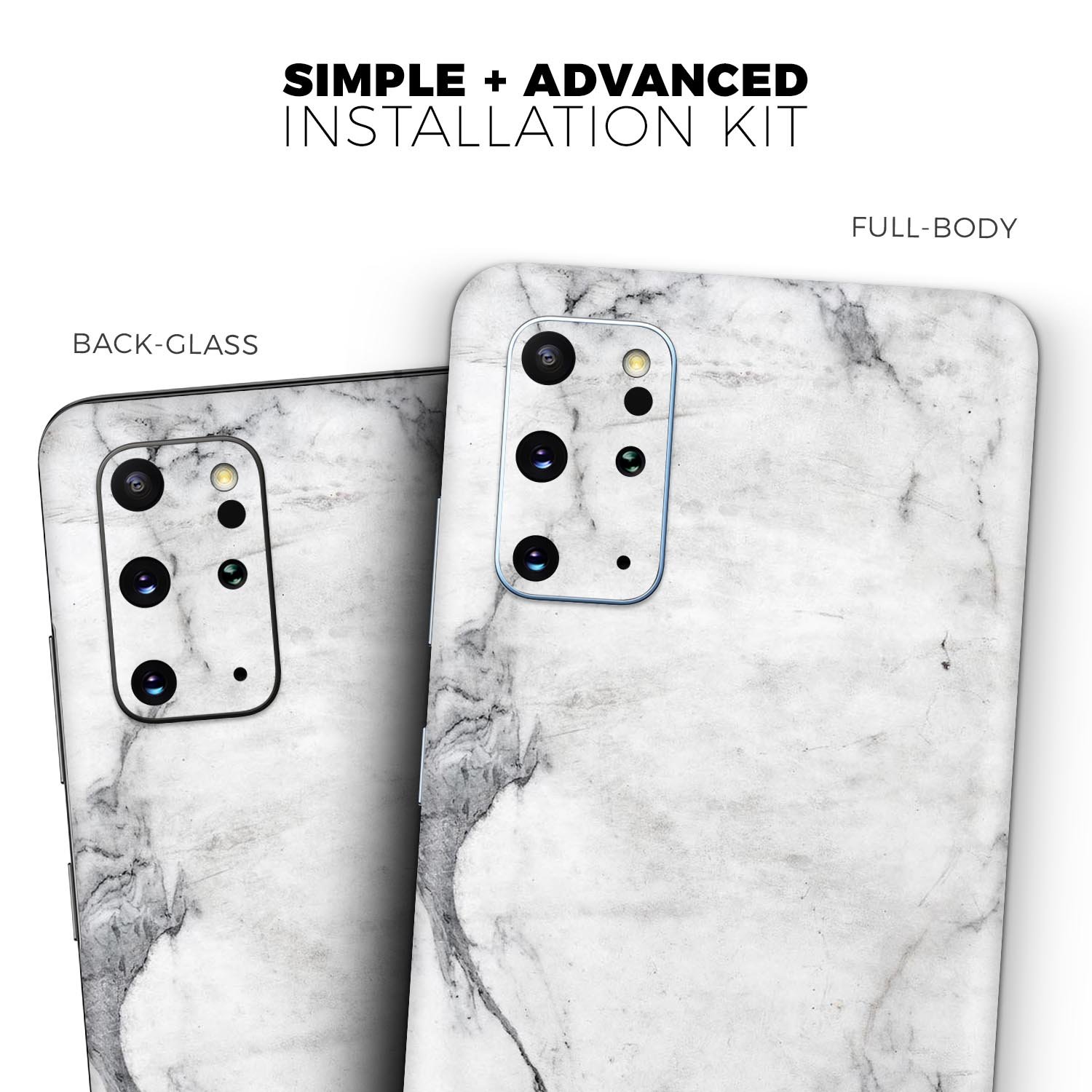 White and grey marble skin for Samsung Galaxy S20, showcasing a stylish design that enhances the device's appearance.