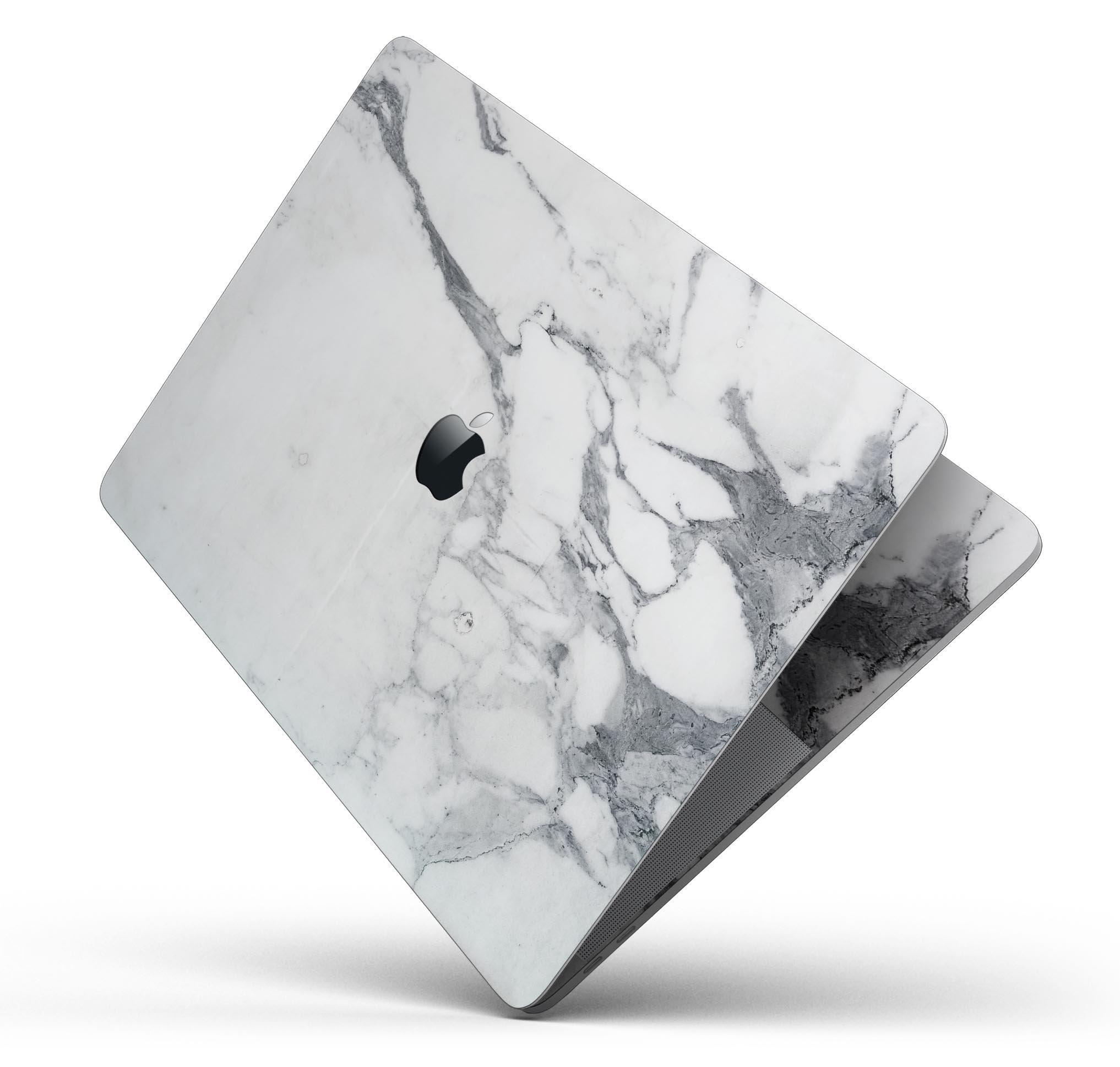 White and grey marble skin decal wrap kit for MacBook, showcasing a stylish design that protects the device.