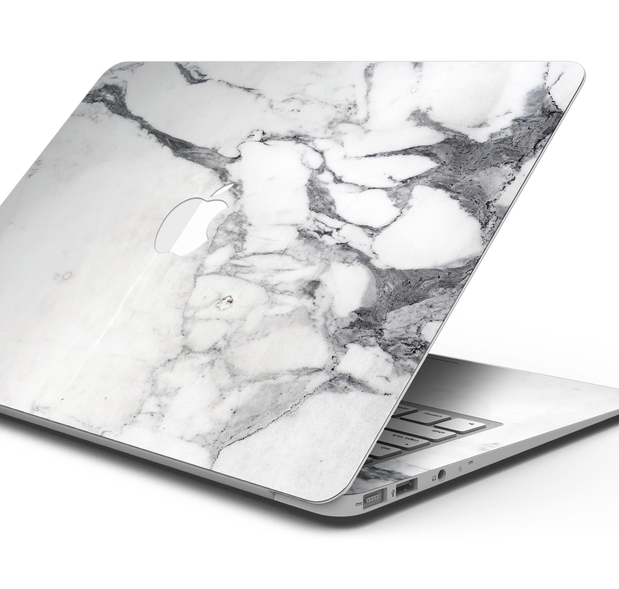 White and grey marble skin decal wrap kit for MacBook, showcasing a stylish design that protects the device.