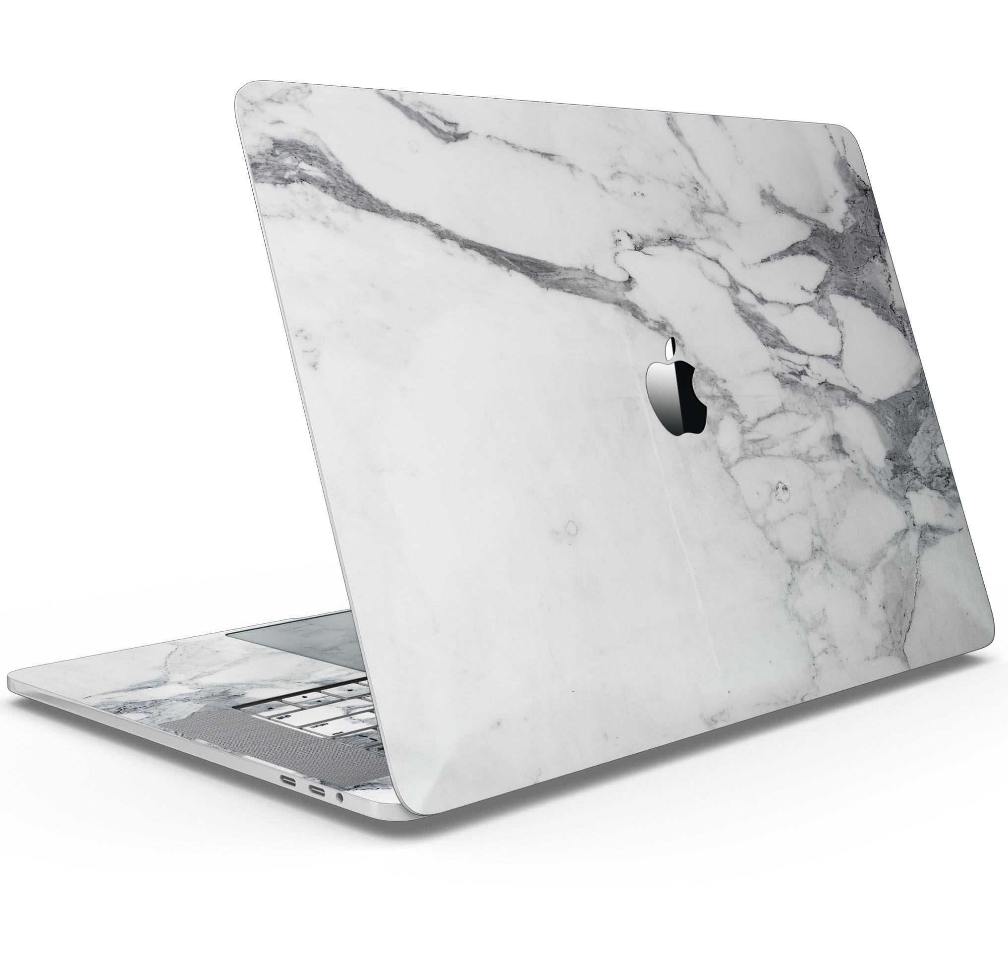 White and grey marble skin decal wrap kit for MacBook, showcasing a stylish design that protects the device.