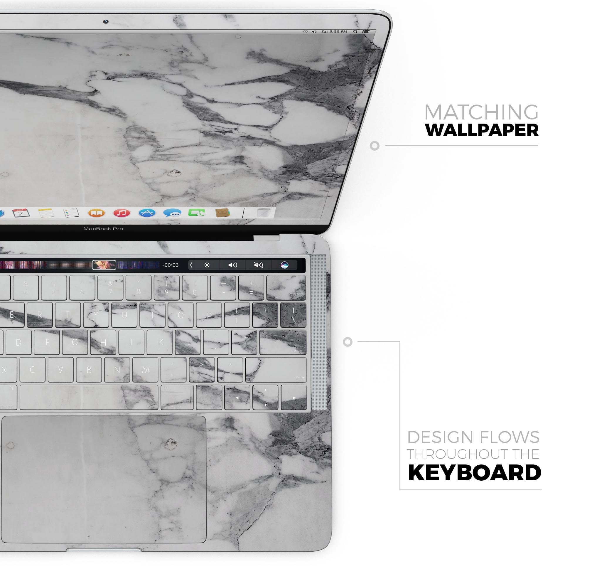 White and grey marble skin decal wrap kit for MacBook, showcasing a stylish design that protects the device.