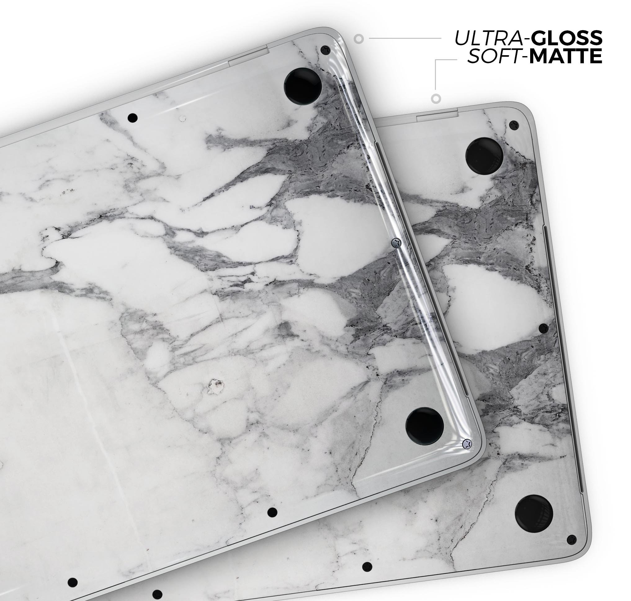 White and grey marble skin decal wrap kit for MacBook, showcasing a stylish design that protects the device.