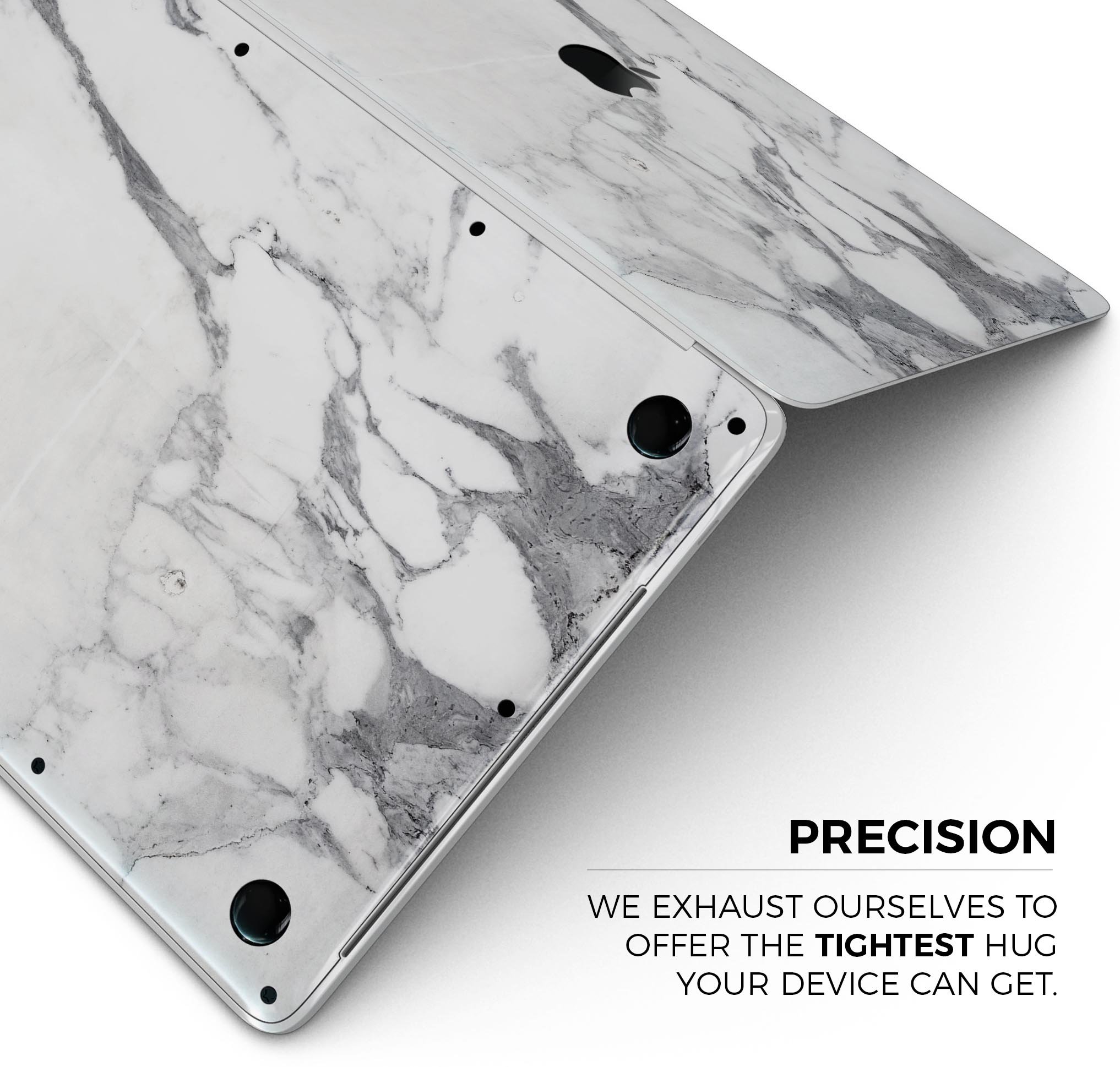 White and grey marble skin decal wrap kit for MacBook, showcasing a stylish design that protects the device.