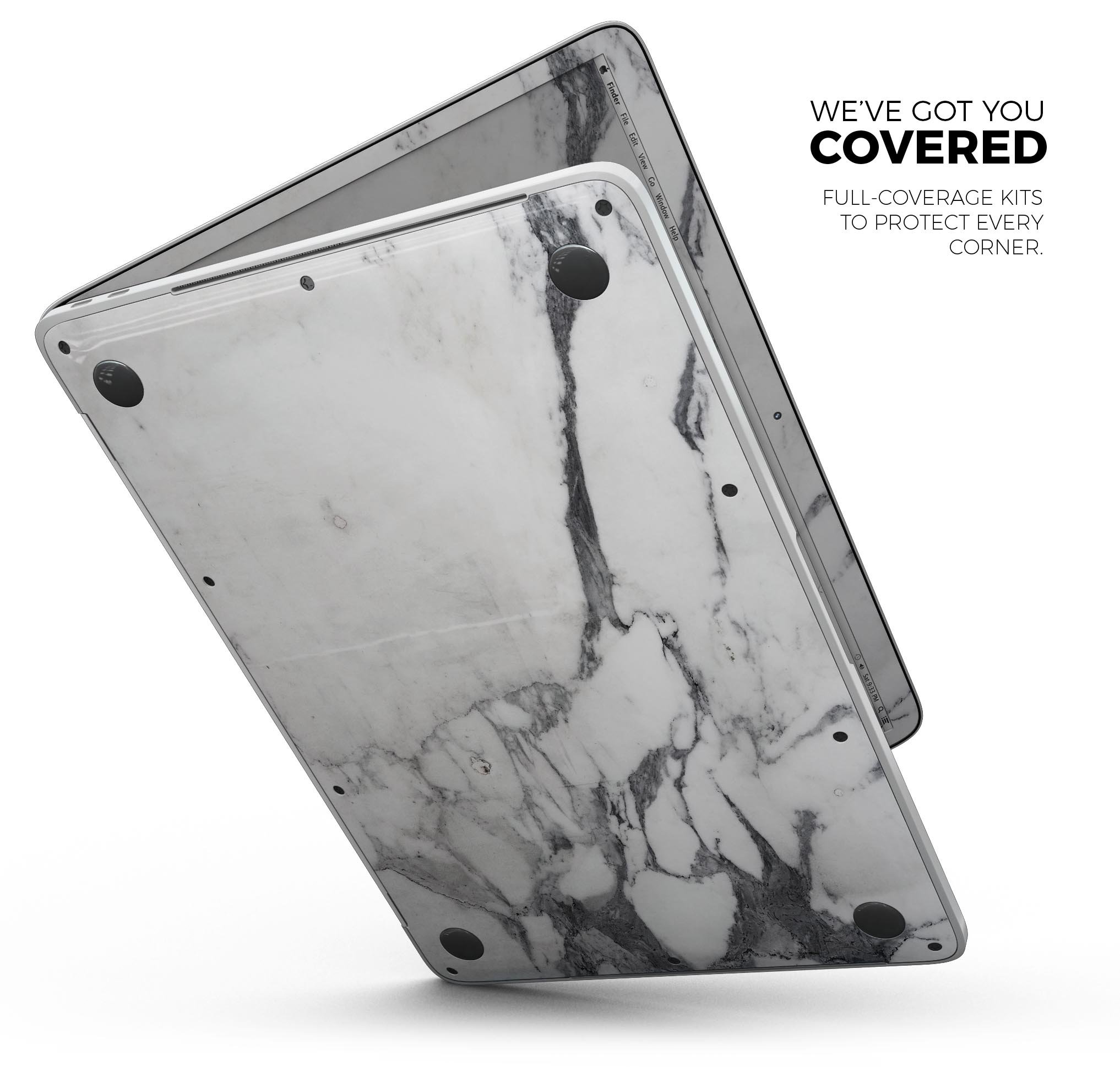 White and grey marble skin decal wrap kit for MacBook, showcasing a stylish design that protects the device.