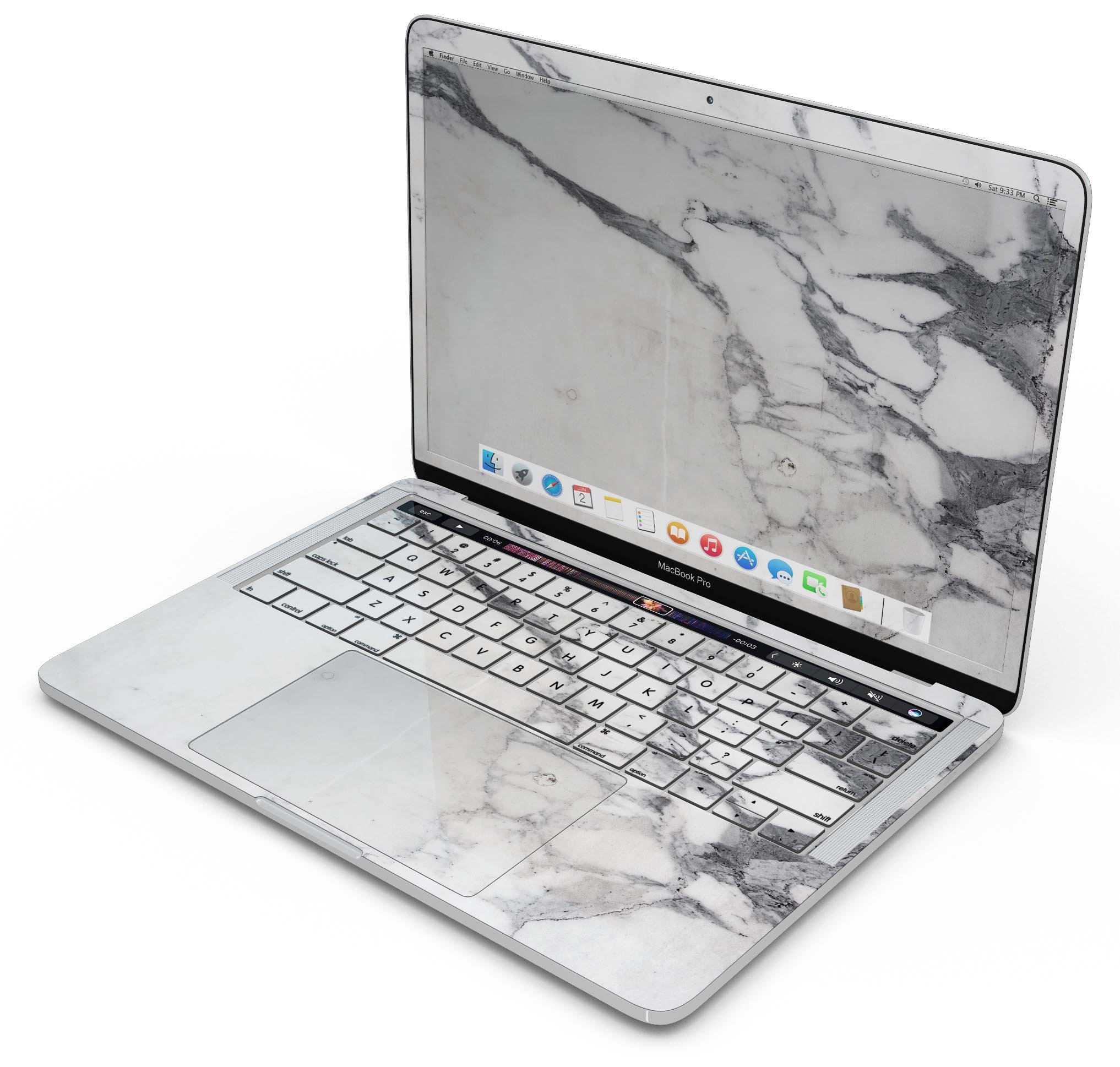 White and grey marble skin decal wrap kit for MacBook, showcasing a stylish design that protects the device.