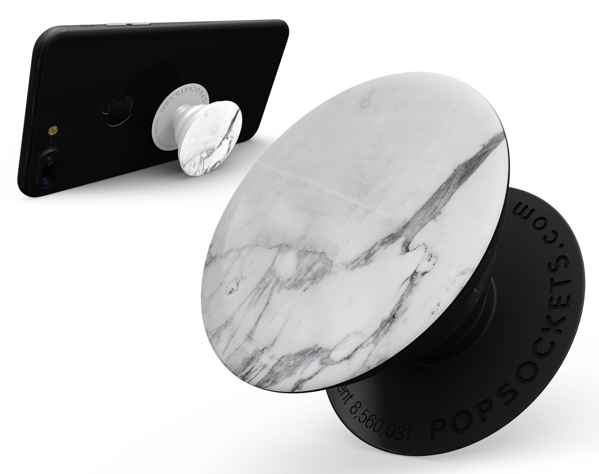 White and grey marble design skin kit for PopSockets, showcasing a stylish and durable vinyl finish.