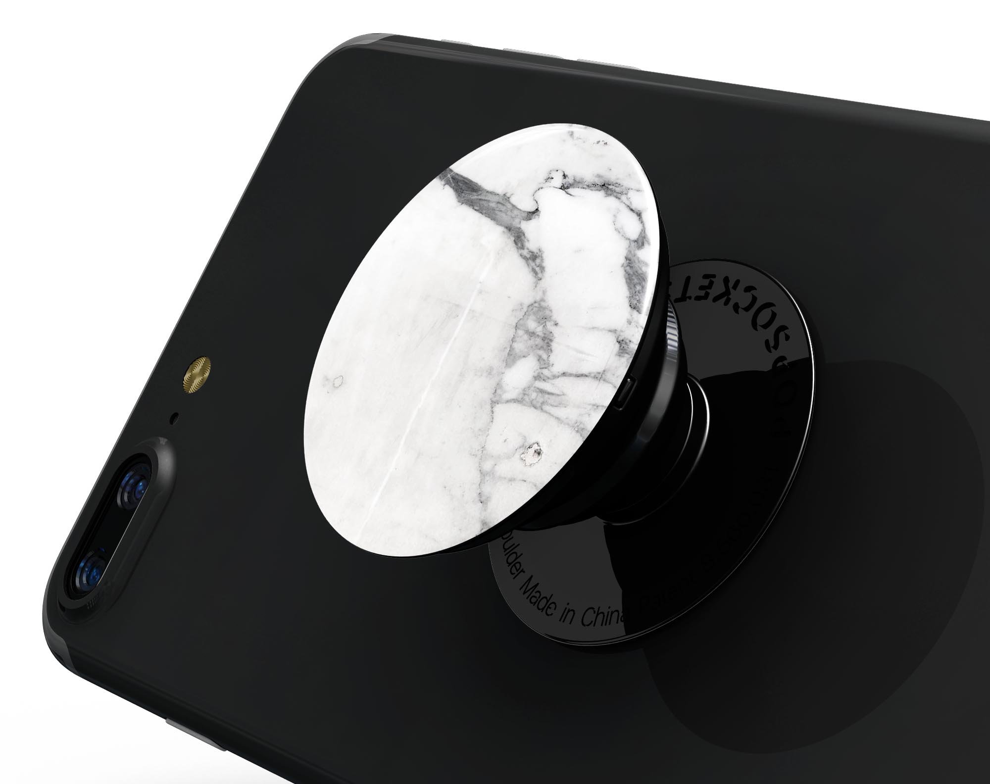 White and grey marble design skin kit for PopSockets, showcasing a stylish and durable vinyl finish.