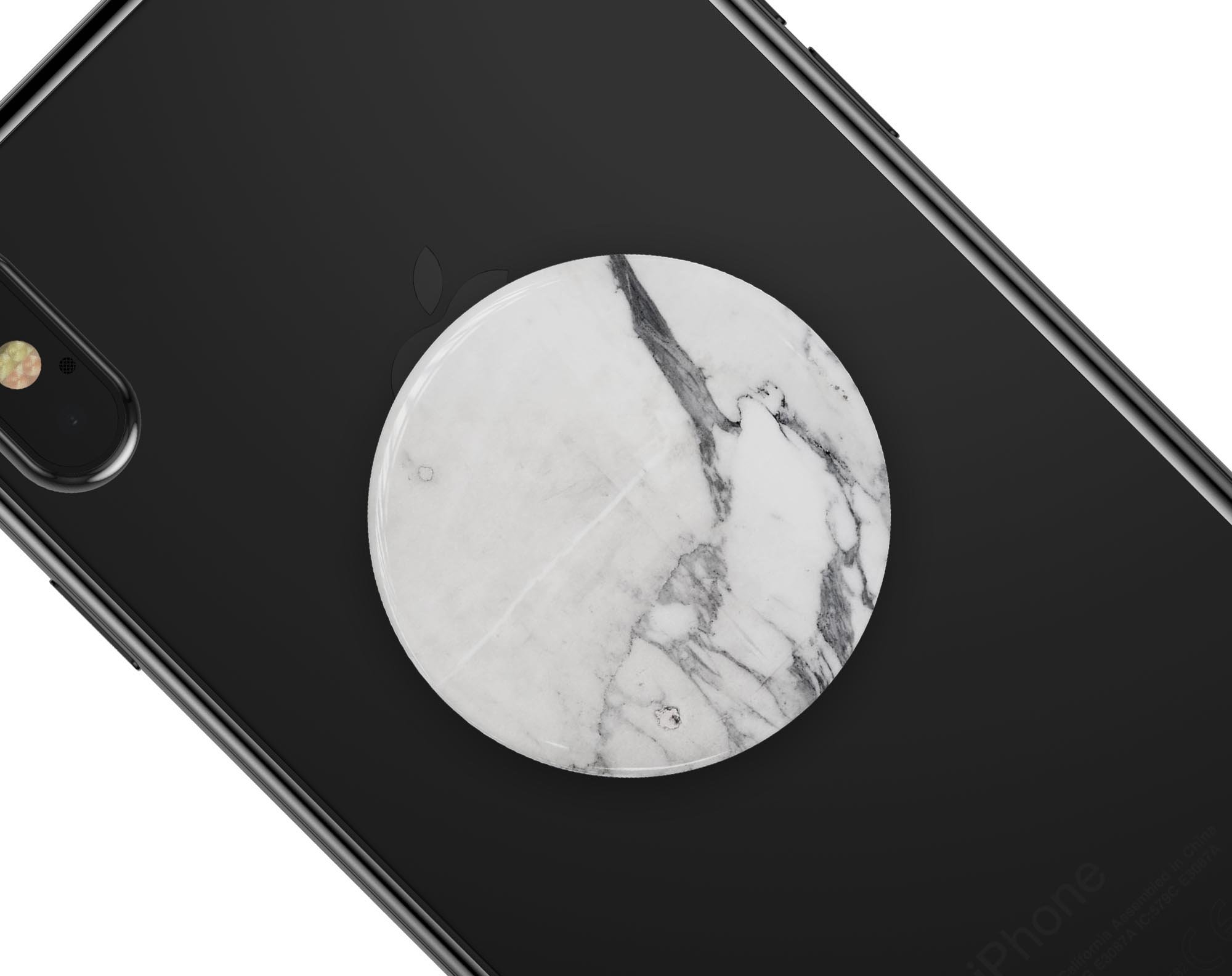 White and grey marble design skin kit for PopSockets, showcasing a stylish and durable vinyl finish.