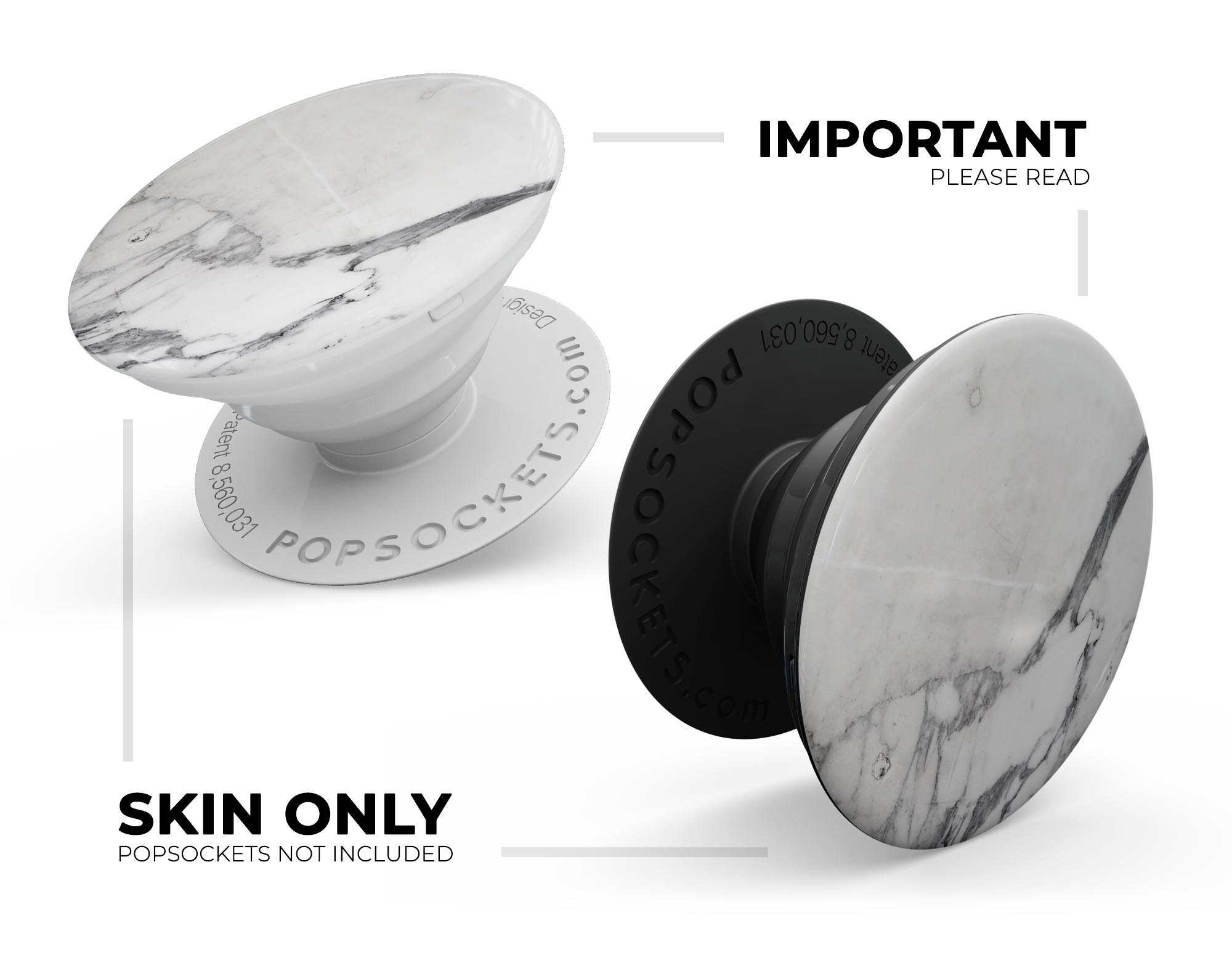 White and grey marble design skin kit for PopSockets, showcasing a stylish and durable vinyl finish.