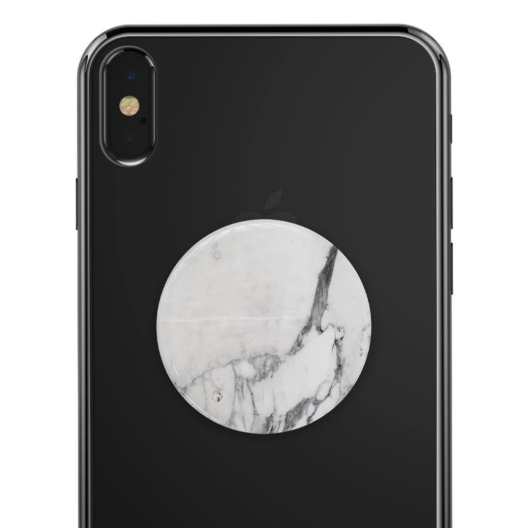 White and grey marble design skin kit for PopSockets, showcasing a stylish and durable vinyl finish.