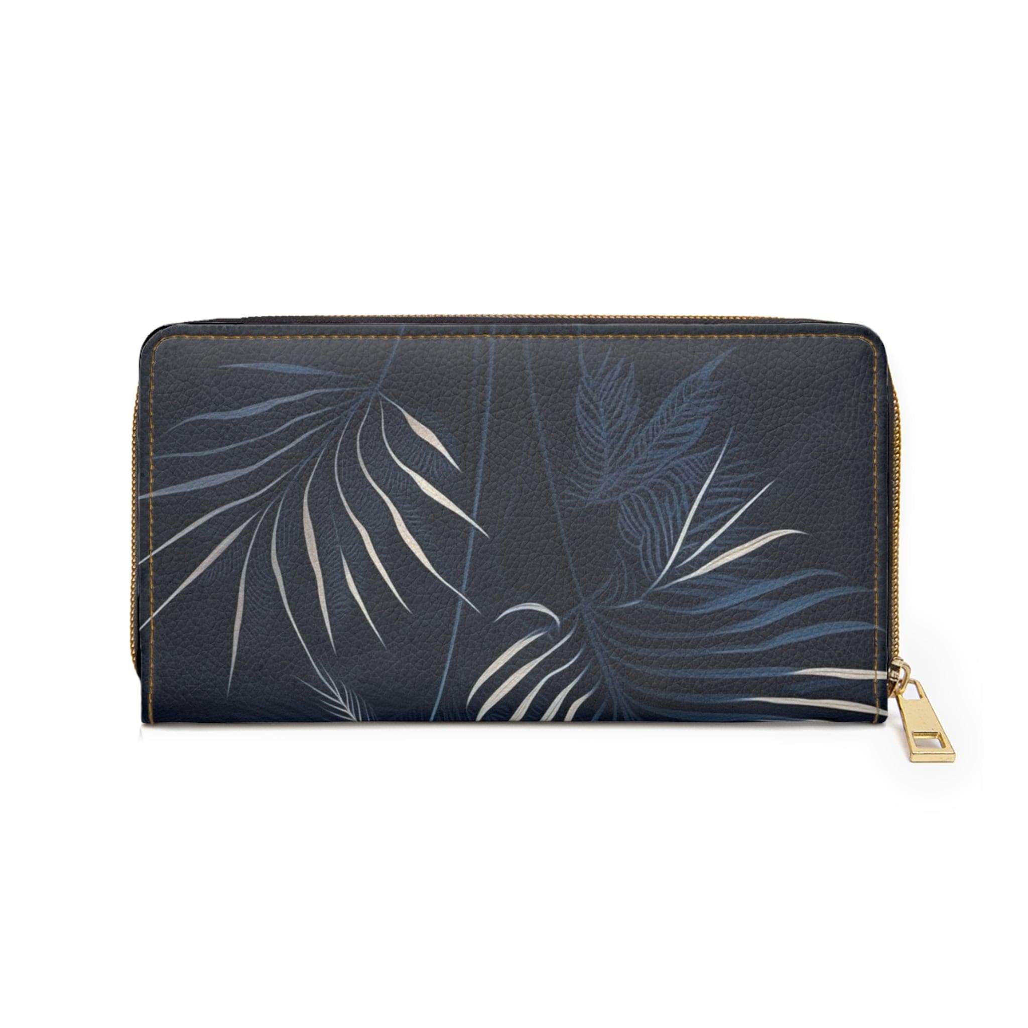 Stylish navy blue wallet featuring white line art of palm tree leaves, perfect for women.