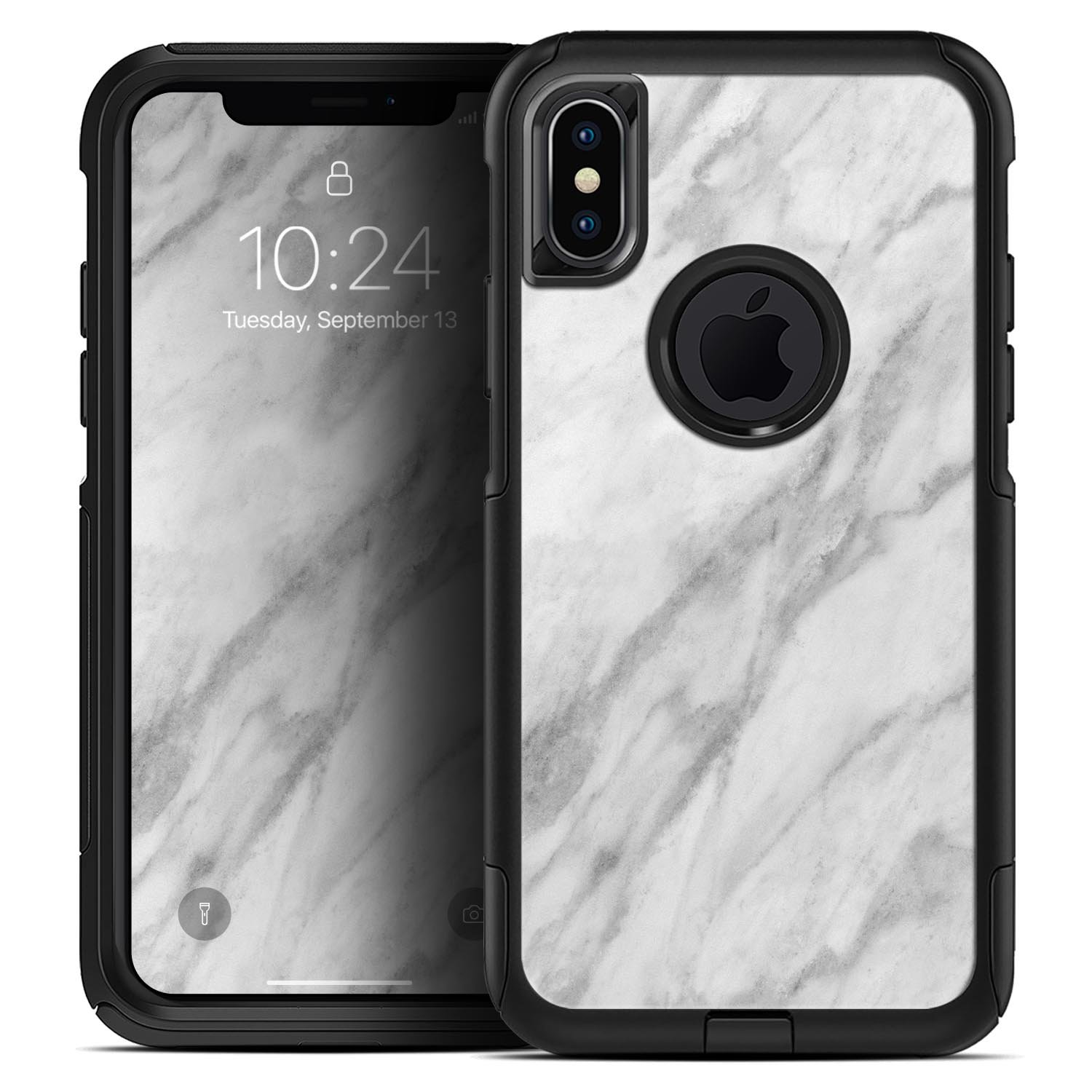 White Marble Surface Skin Kit designed for iPhone OtterBox cases, showcasing a stylish marble pattern.