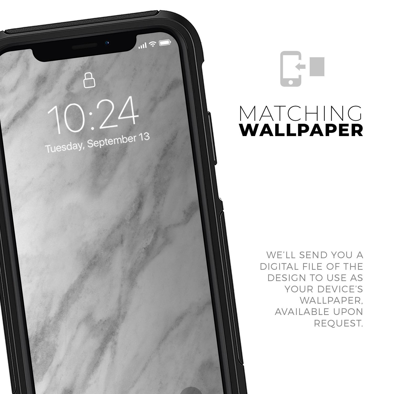 White Marble Surface Skin Kit designed for iPhone OtterBox cases, showcasing a stylish marble pattern.