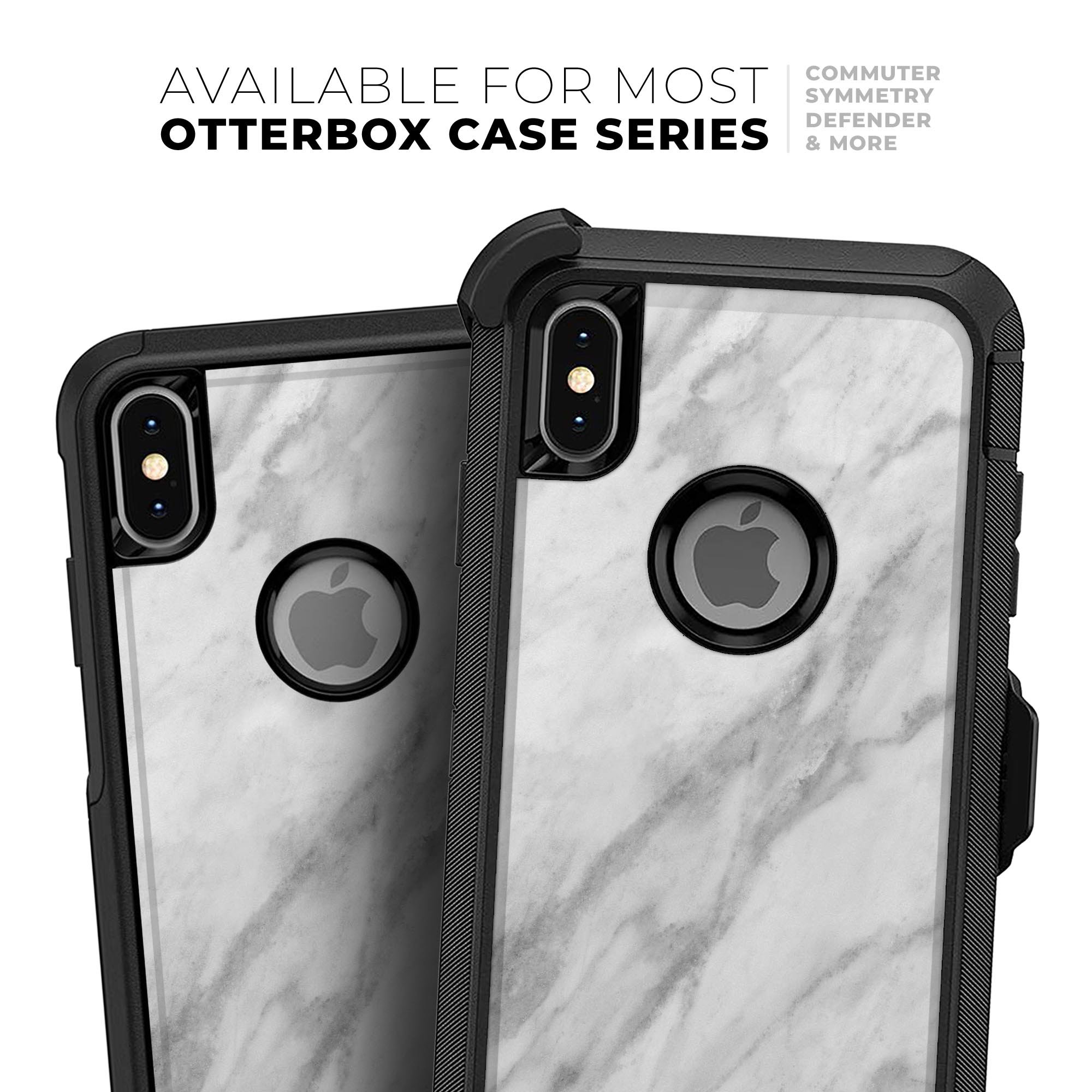 White Marble Surface Skin Kit designed for iPhone OtterBox cases, showcasing a stylish marble pattern.