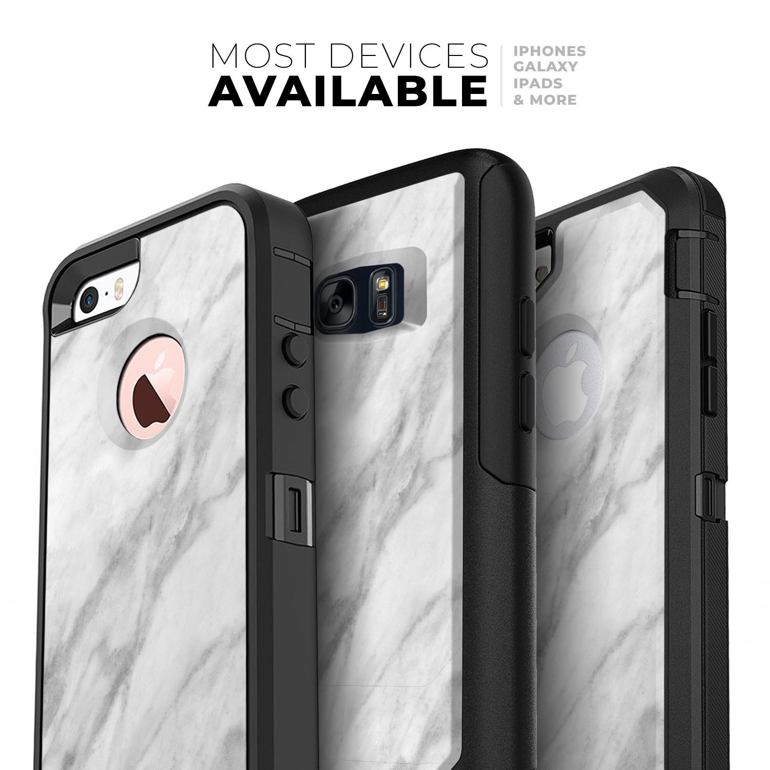 White Marble Surface Skin Kit designed for iPhone OtterBox cases, showcasing a stylish marble pattern.