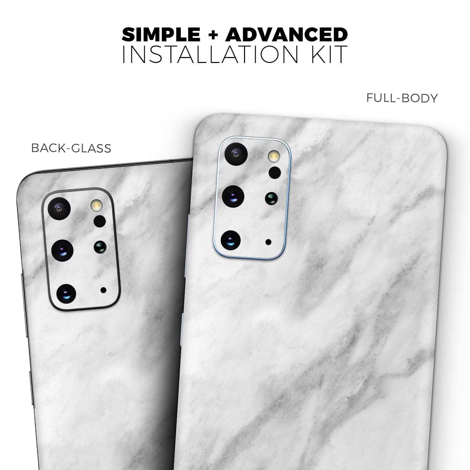 White Marble Surface Skin-Kit for Samsung Galaxy S20, showcasing a stylish marble design on a sleek device.