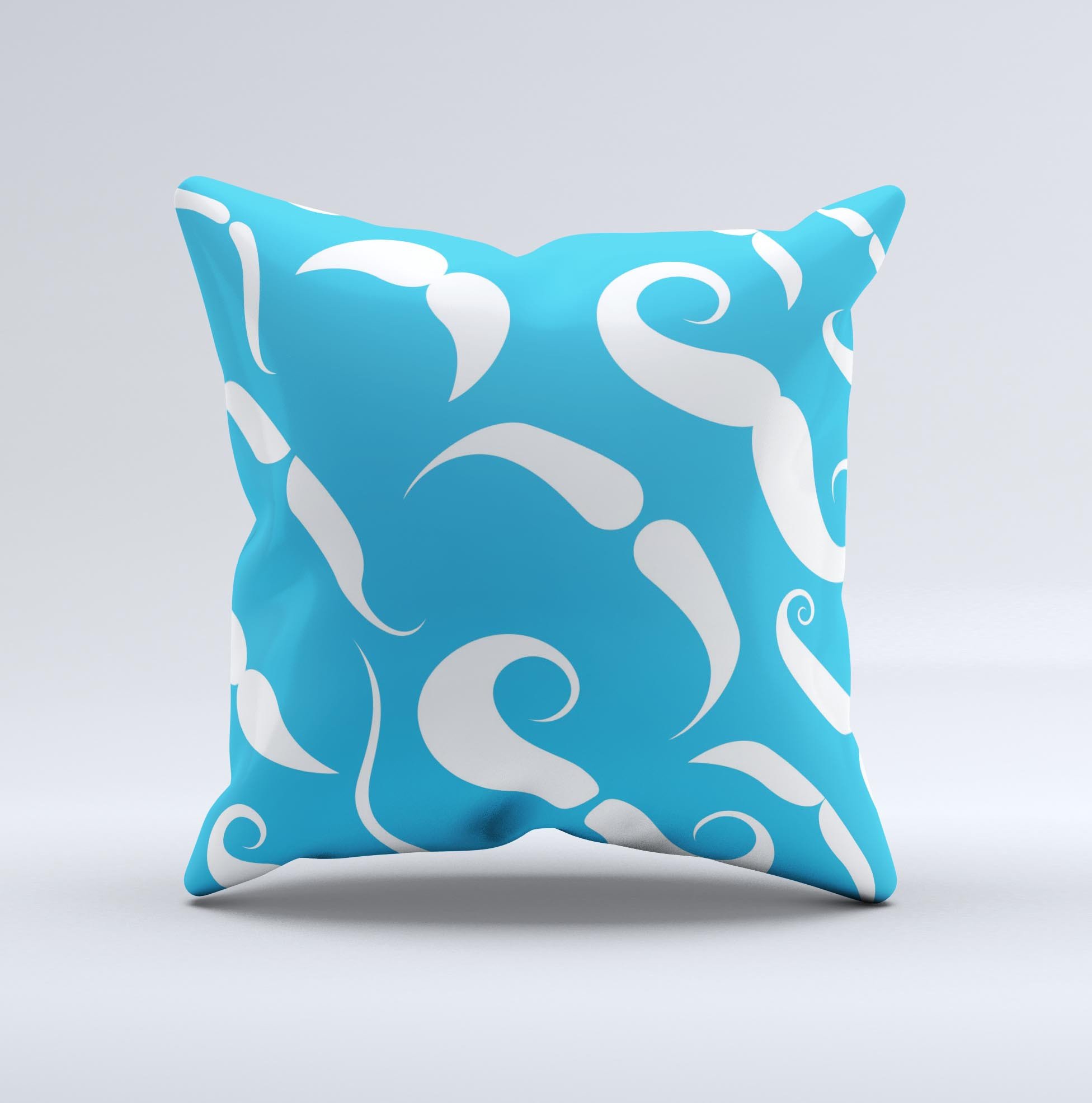 A decorative throw pillow featuring white mustaches on a vibrant blue background, showcasing a unique handmade design.