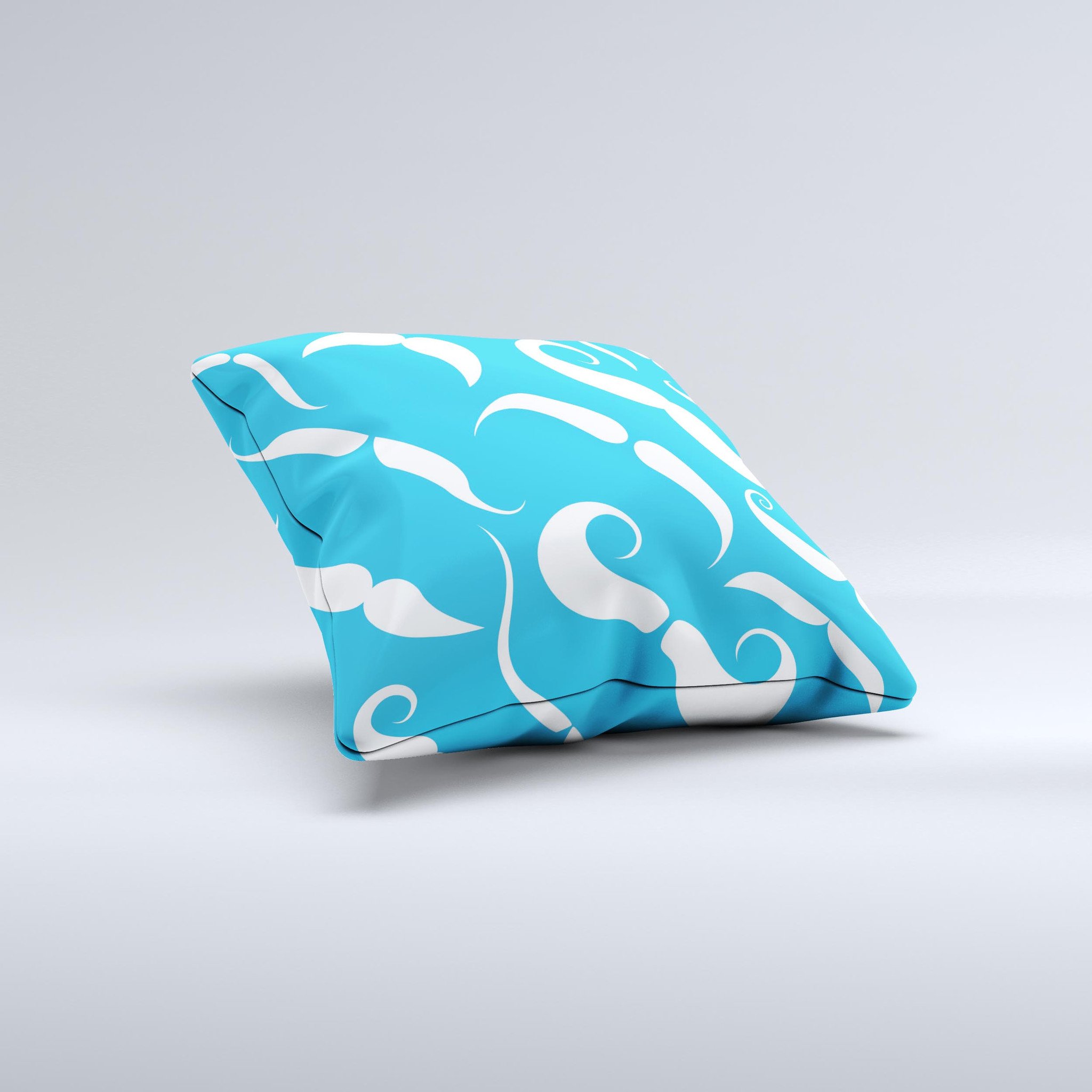 A decorative throw pillow featuring white mustaches on a vibrant blue background, showcasing a unique handmade design.