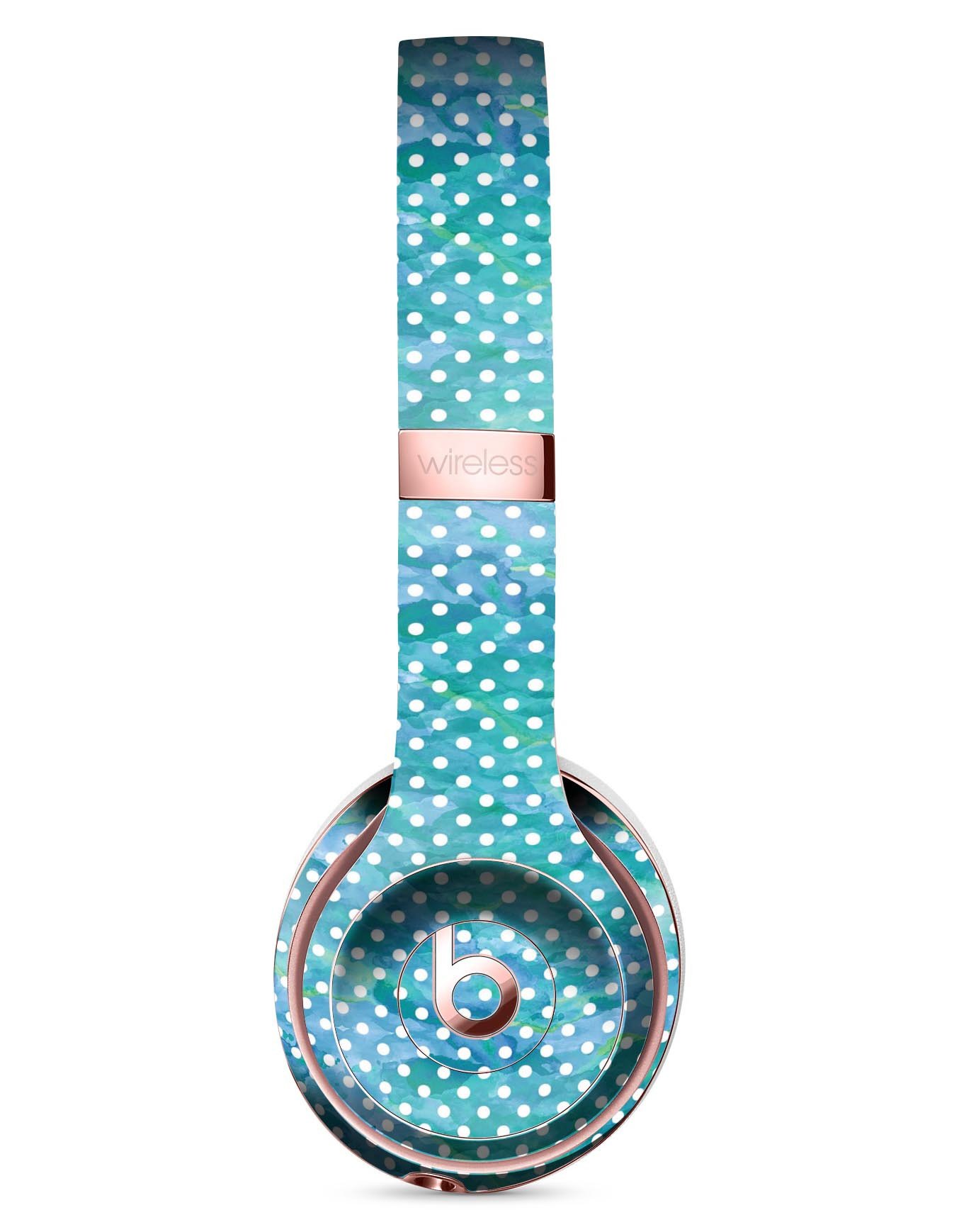 White Polka Dots over Blue Watercolor skin kit for Beats by Dre Solo 3 Wireless Headphones, showcasing vibrant colors and stylish design.