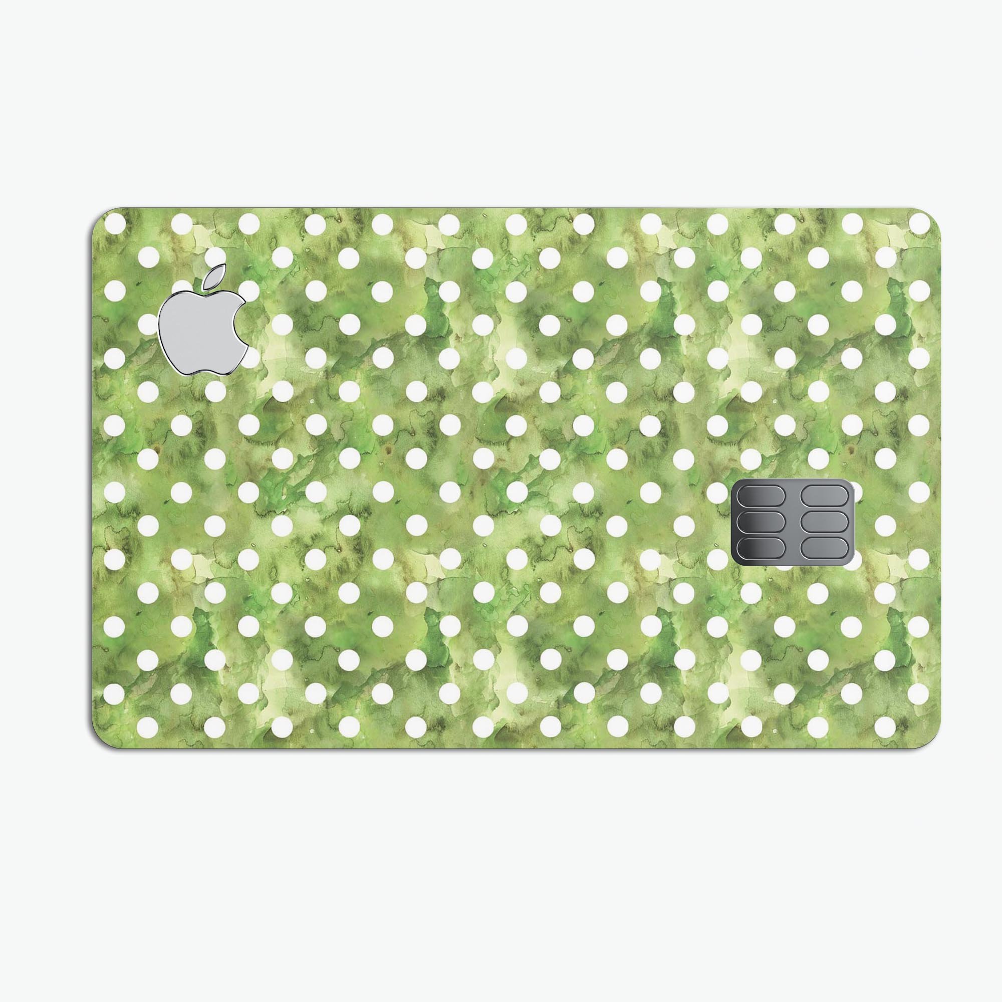 White polka dots design on a green watercolor background, showcasing a premium protective decal for the Apple Card.